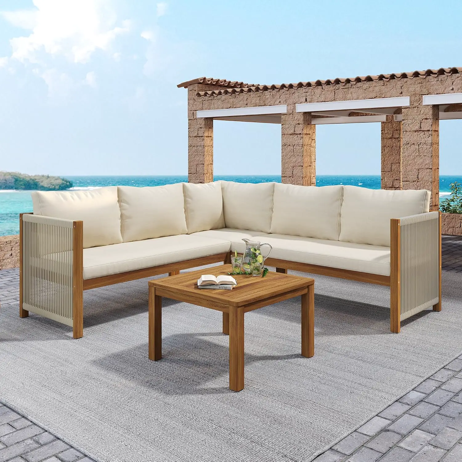 Salon de jardin 5 places beige 185,5x71,5cm vue 4