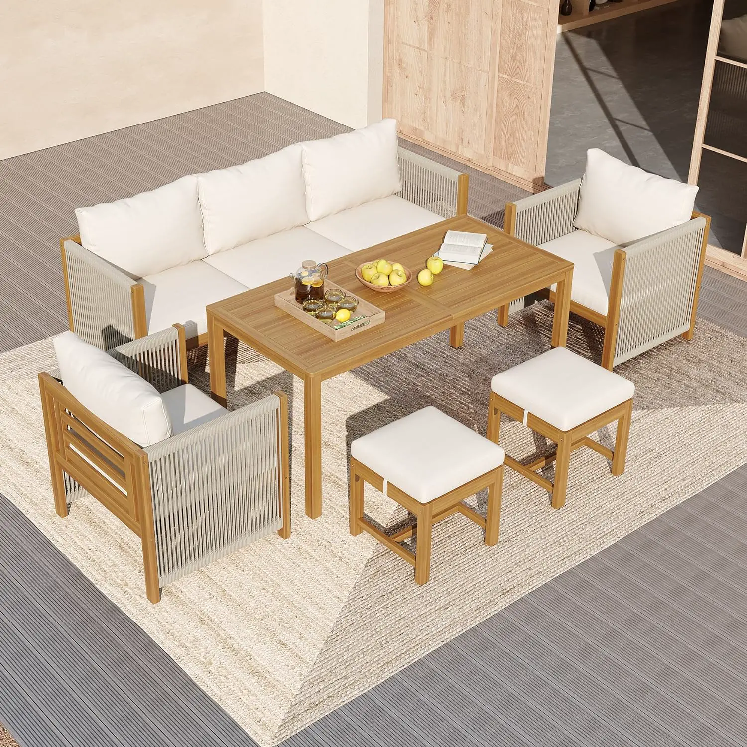 Salon de jardin 7 places en bois beige 57x71cm vue 4