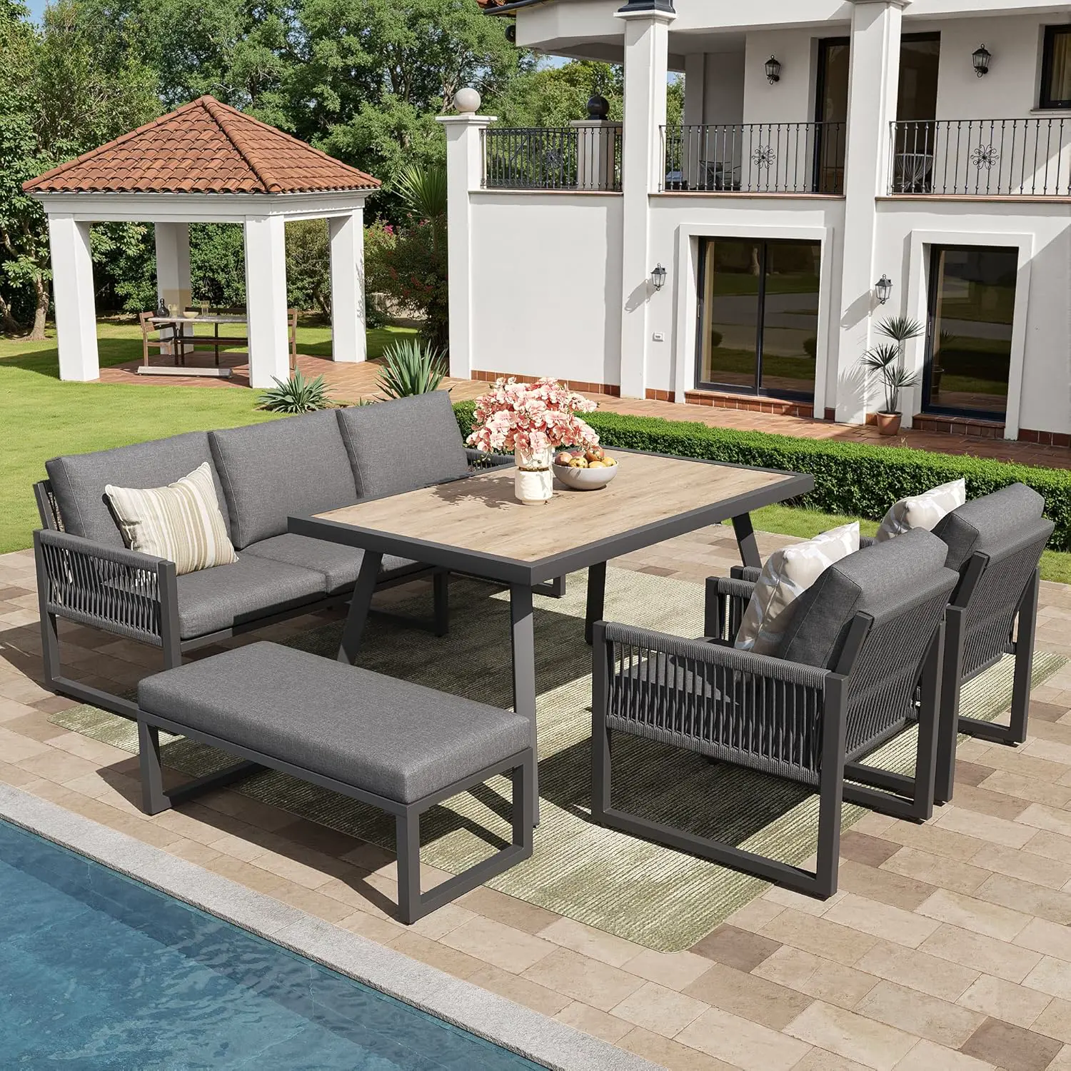 Salon de jardin 7 places gris 1,83 x 0,66 m vue 4