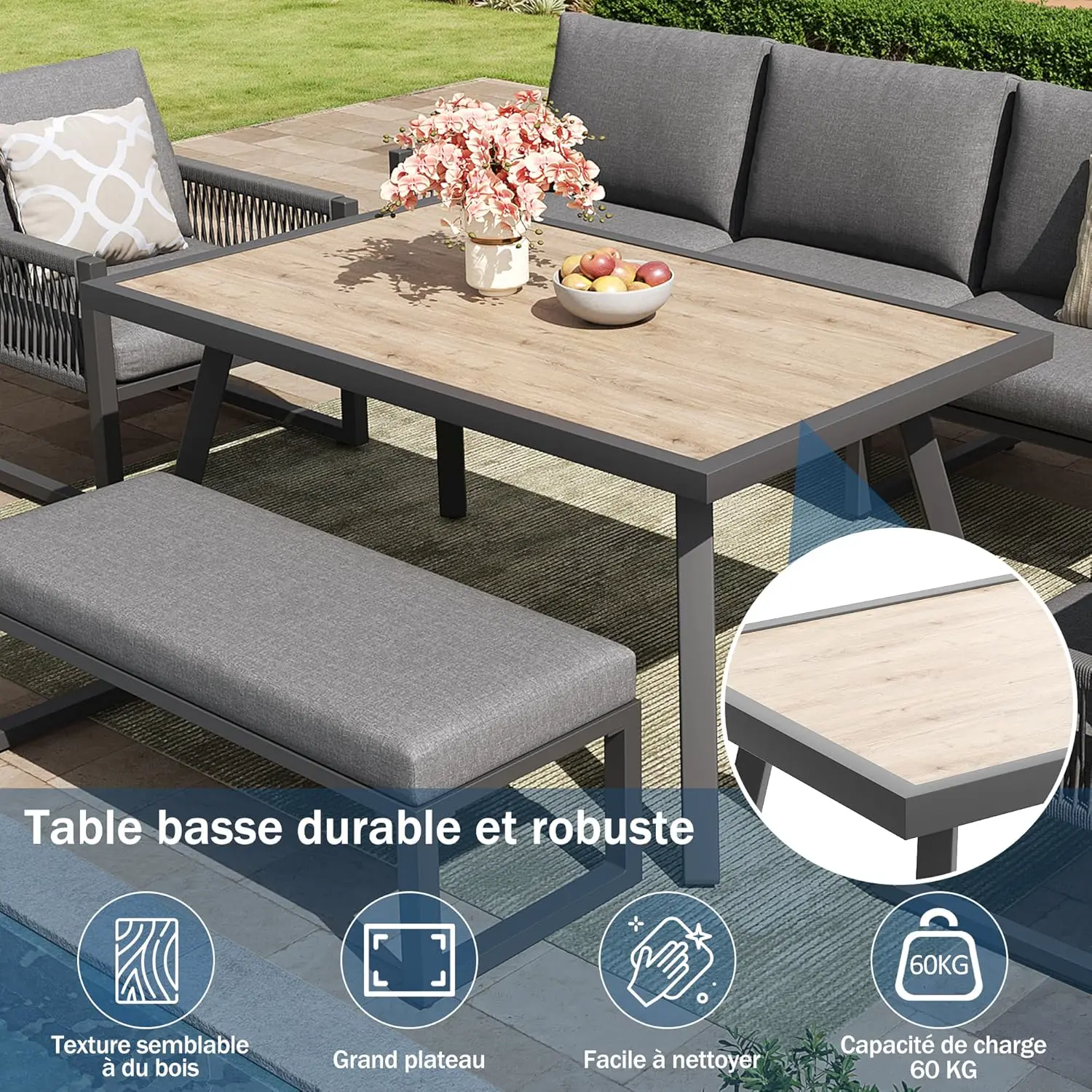 Salon de jardin 7 places gris 1,83 x 0,66 m vue 6