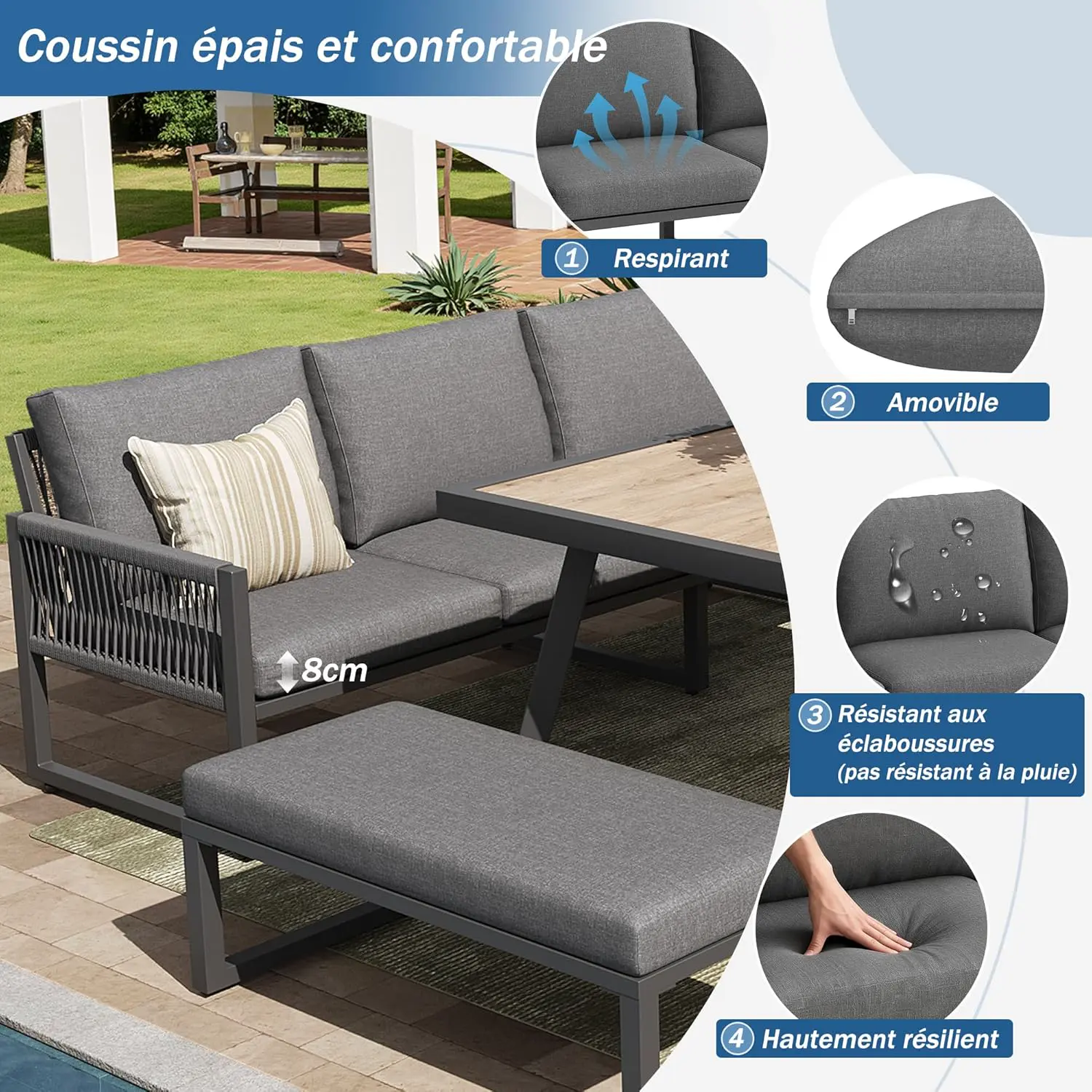 Salon de jardin 7 places gris 1,83 x 0,66 m vue 8