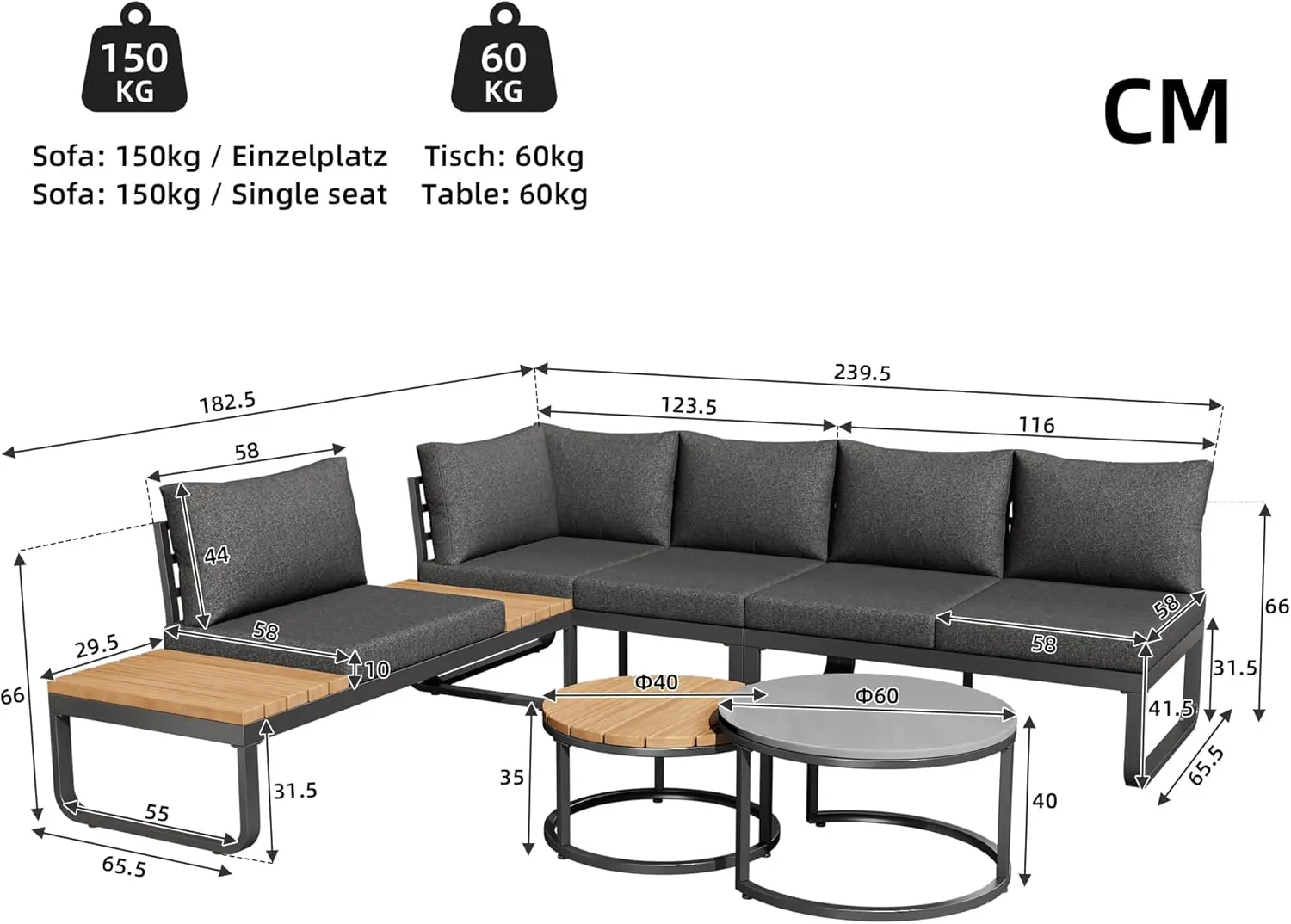 Salon de jardin 5 places gris 1,83 x 0,66 m vue 2