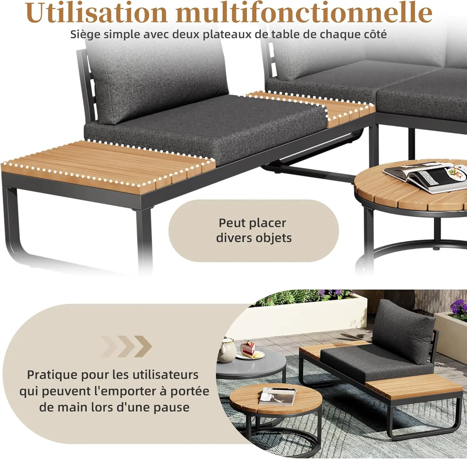 Salon de jardin 5 places gris 1,83 x 0,66 m vue 5