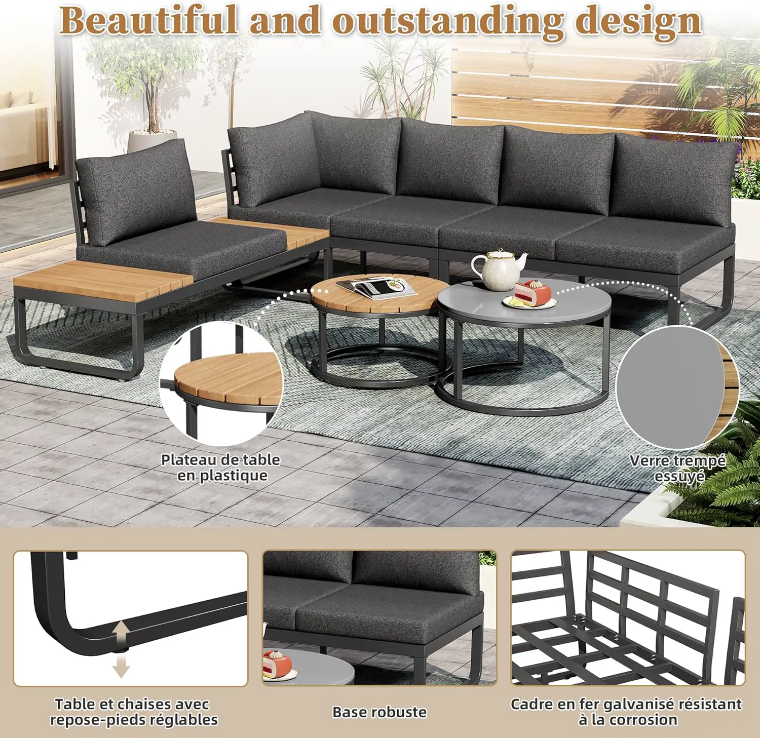 Salon de jardin 5 places gris 1,83 x 0,66 m vue 7