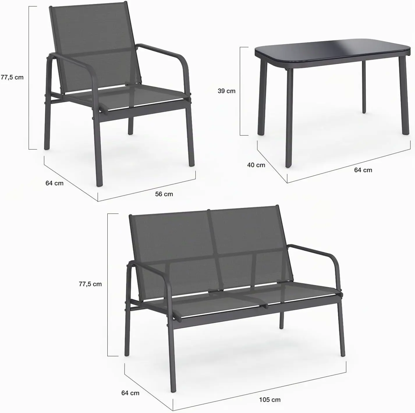Salon de jardin 4 places en acier gris 105 x 64 vue 5