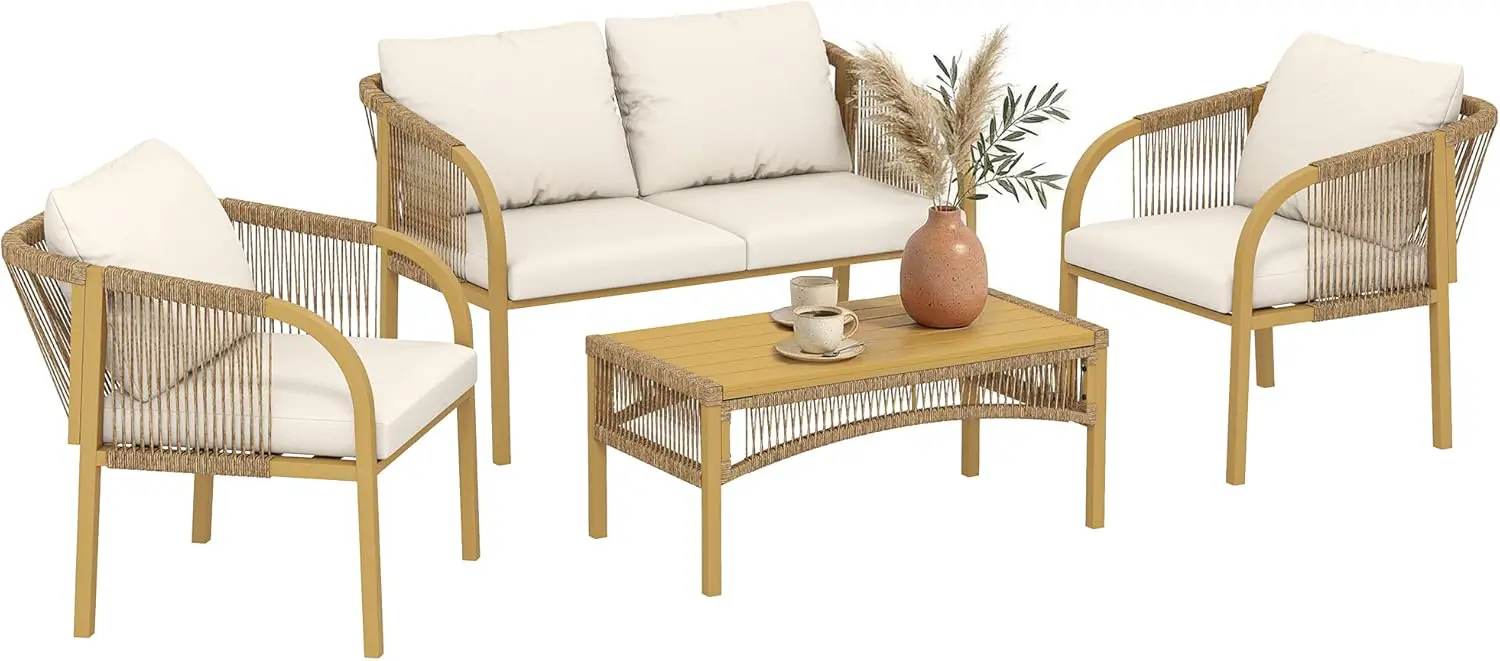 Outsunny Salon de Jardin Extérieur en Résine Tressée 4 Pièces
