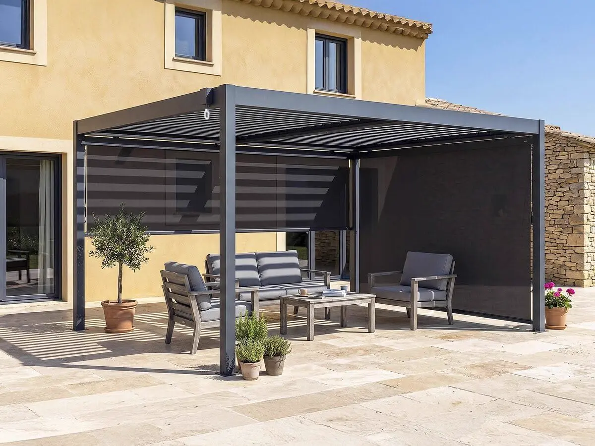 Pergola bioclimatique avec 2 Stores en Aluminium Windsor - 3 x 4 m - Gris