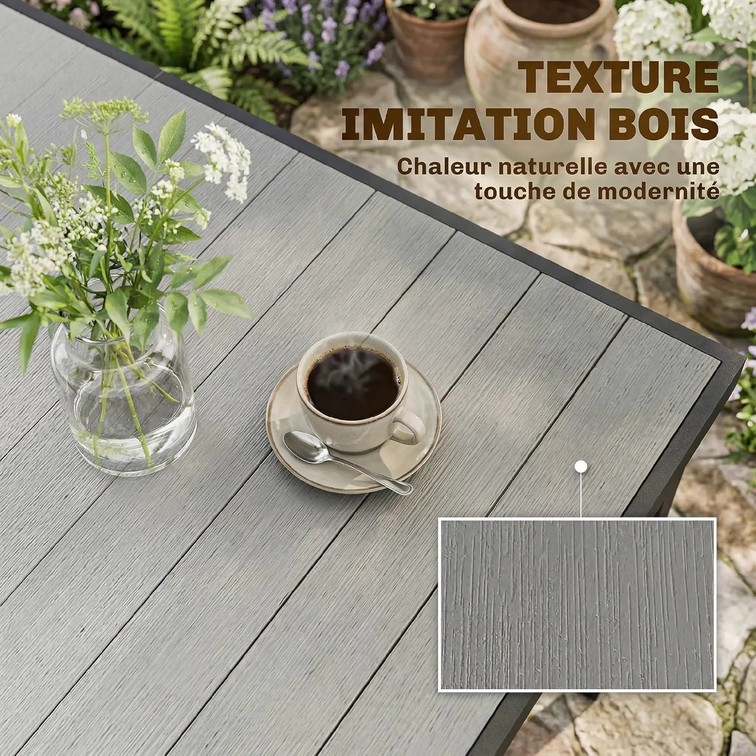 Table de jardin 6 places en bois gris 90 x 74 cm vue 4