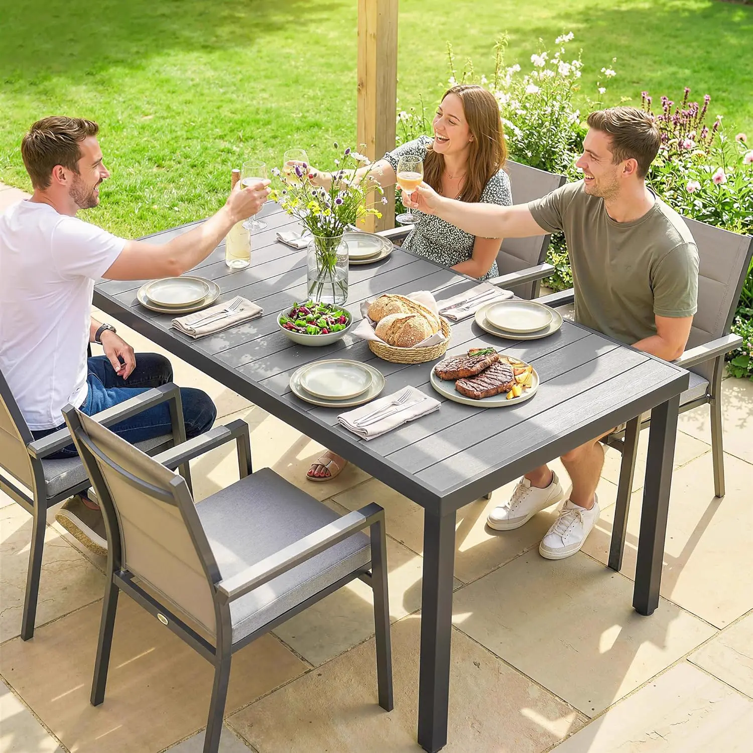 Table de jardin 6 places en bois gris 90 x 74 cm vue 9