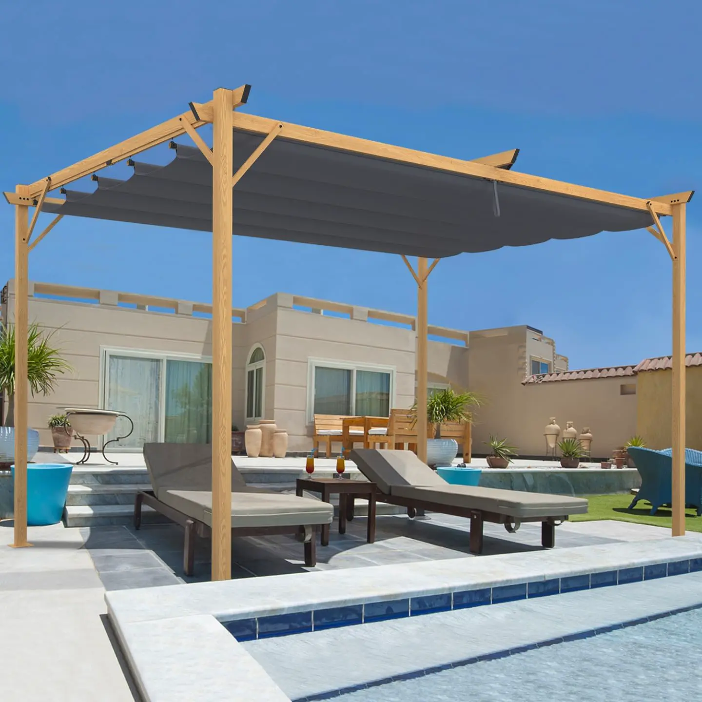 Pergola en bois gris/anthracite 3x4 rétractable vue 2