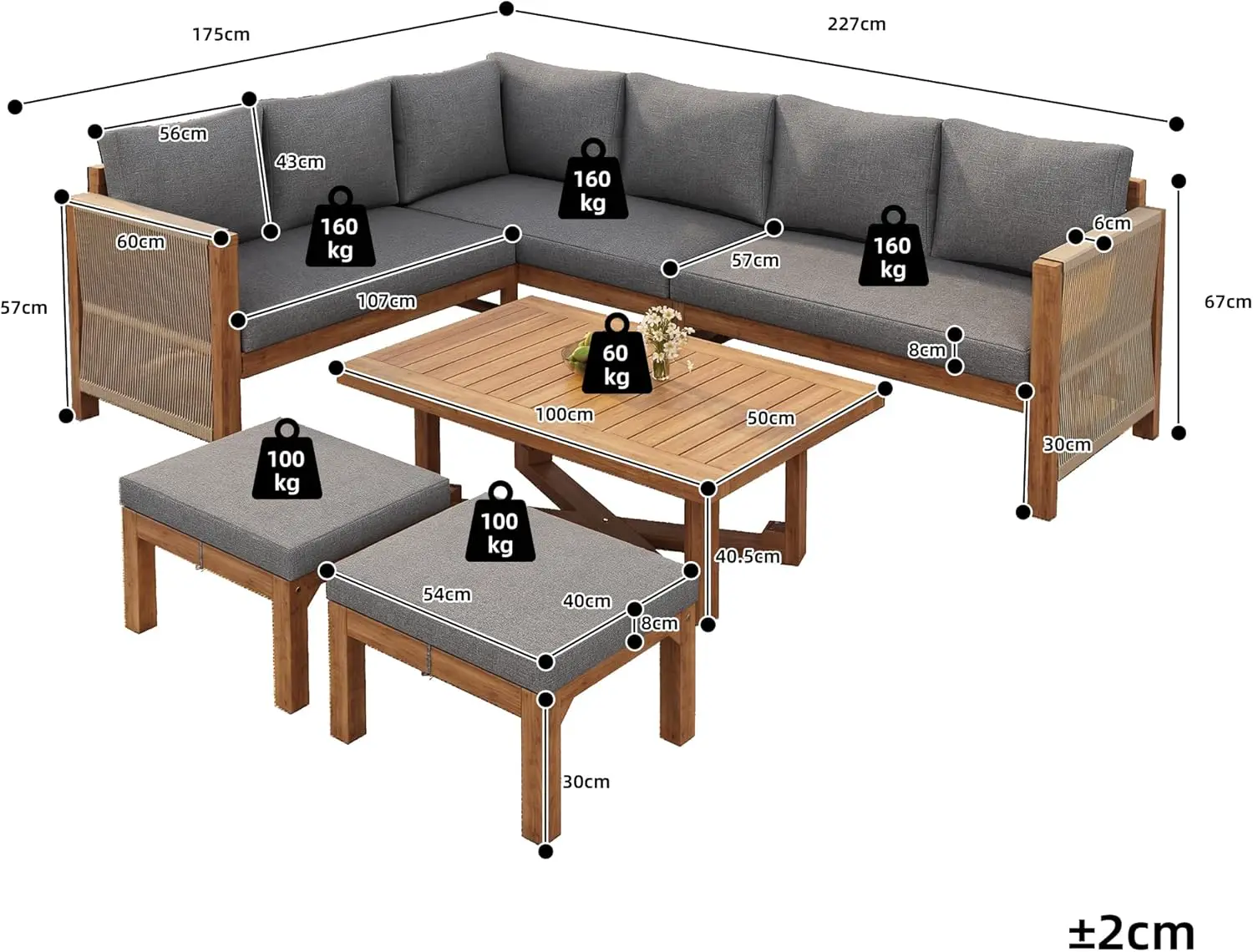 Salon de jardin 6 places en bois gris 1,75 x 0,67 m vue 2