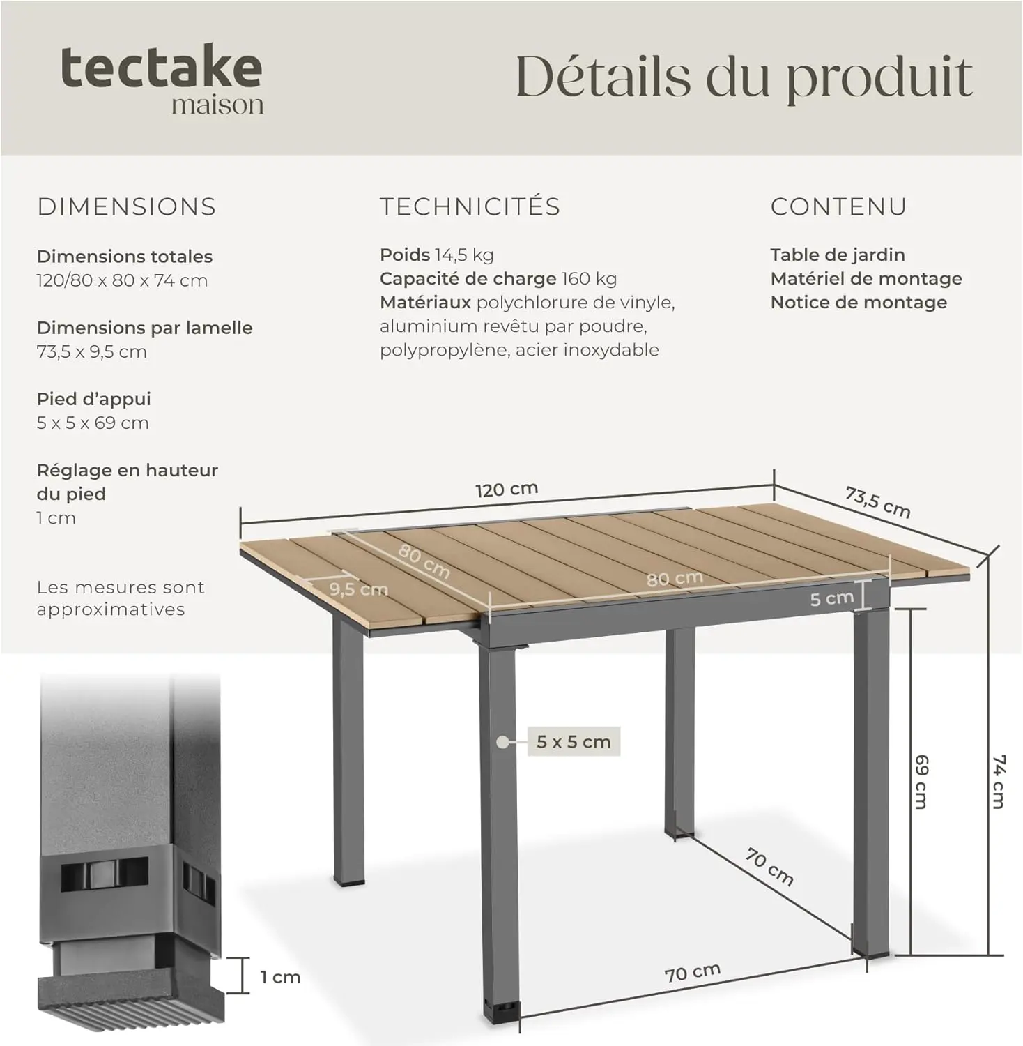 Table de jardin 6 places en aluminium 80 x 74 cm vue 3