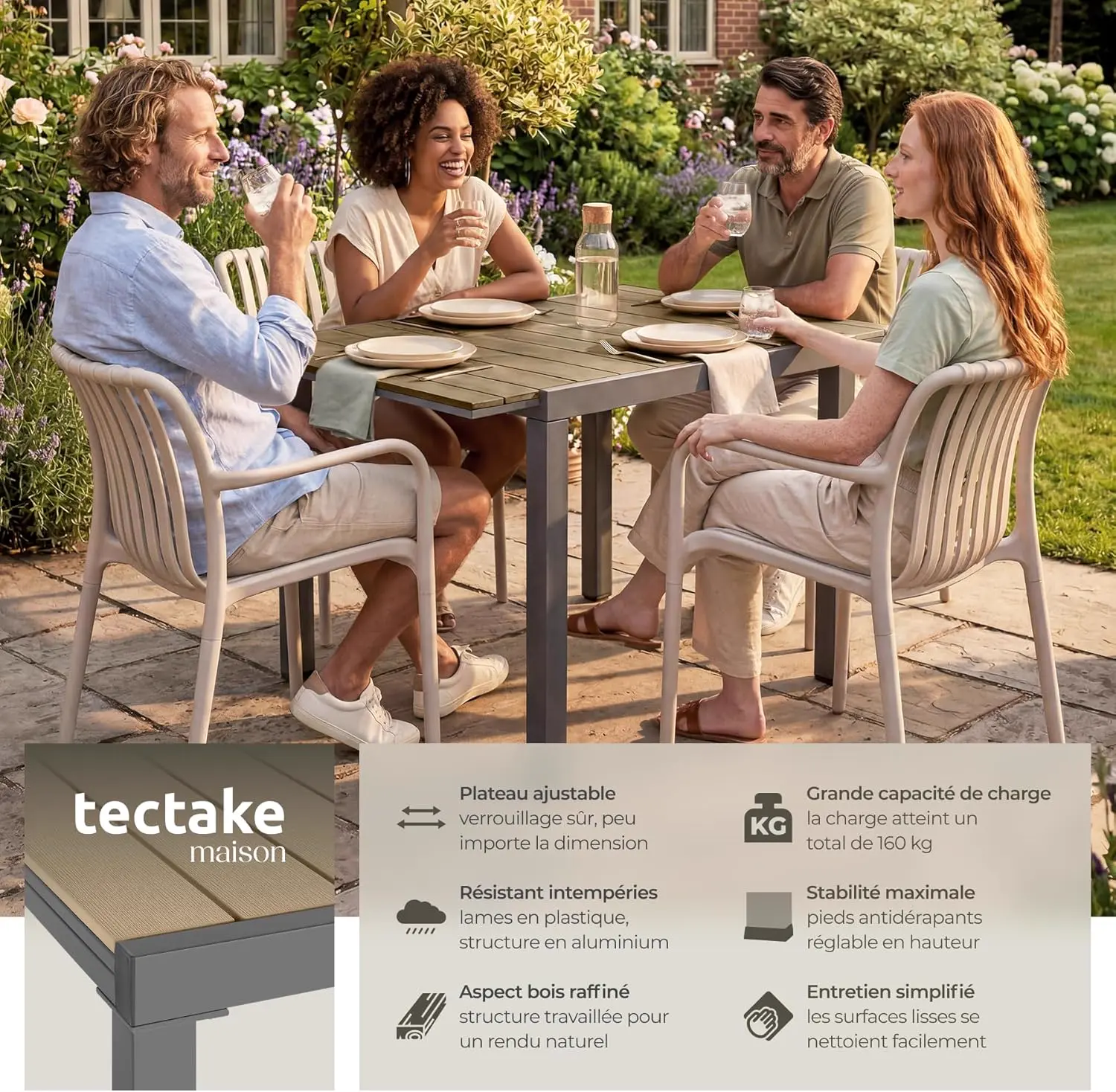 Table de jardin 6 places en aluminium 80 x 74 cm vue 4
