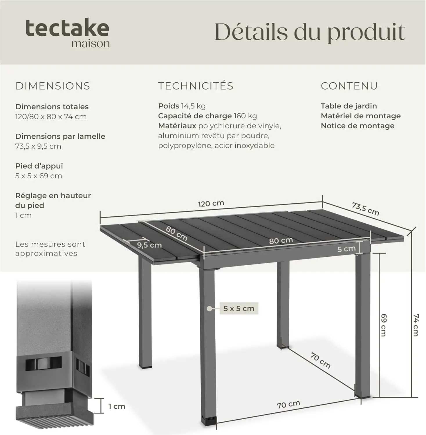 Table de jardin 6 places en aluminium noir 80 x 74 cm vue 3