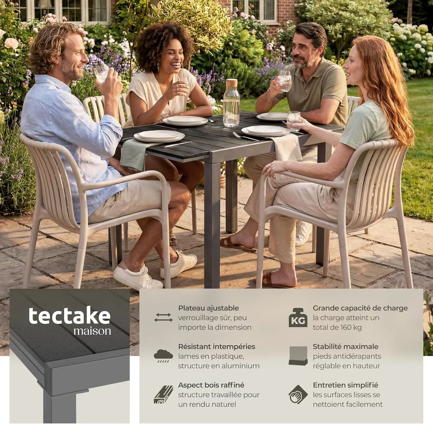 Table de jardin 6 places en aluminium noir 80 x 74 cm vue 4