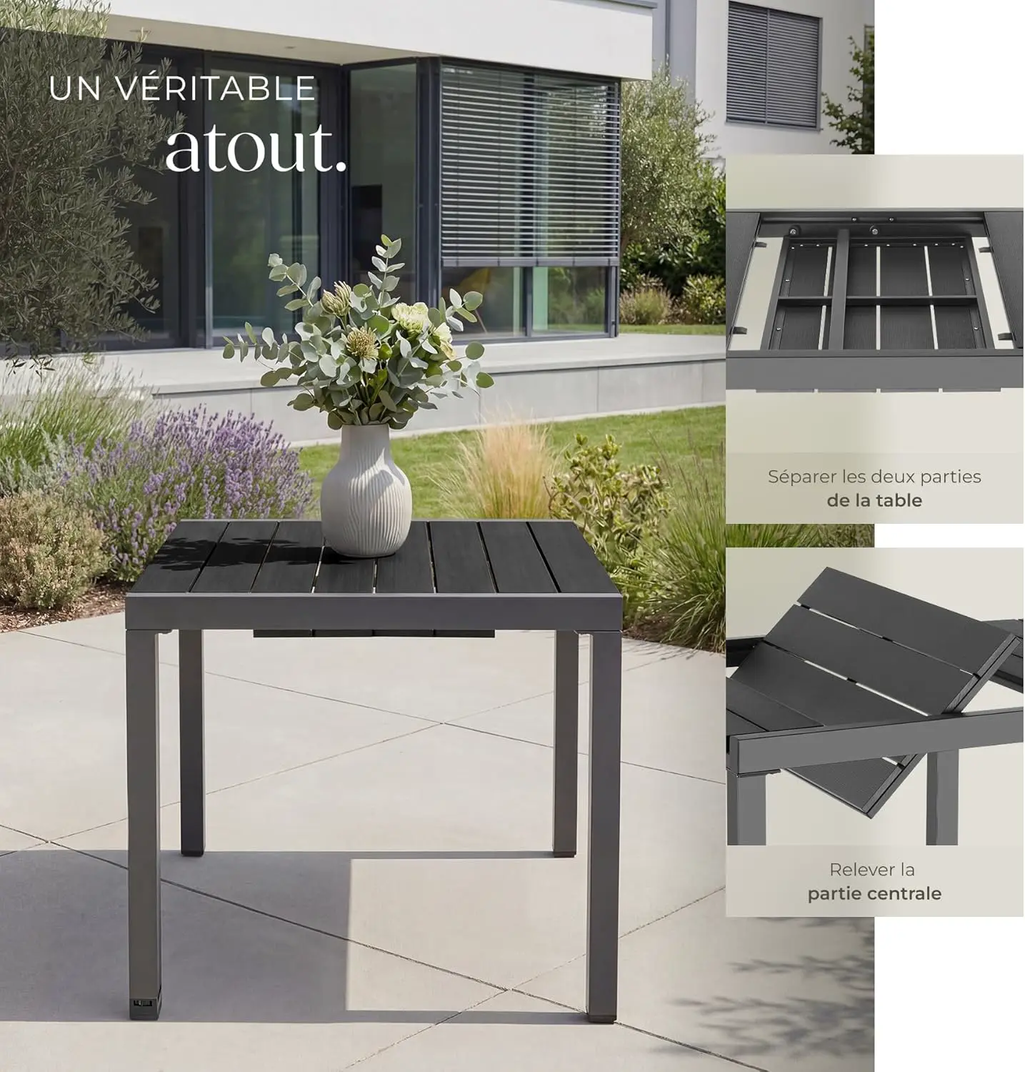 Table de jardin 6 places en aluminium noir 80 x 74 cm vue 6