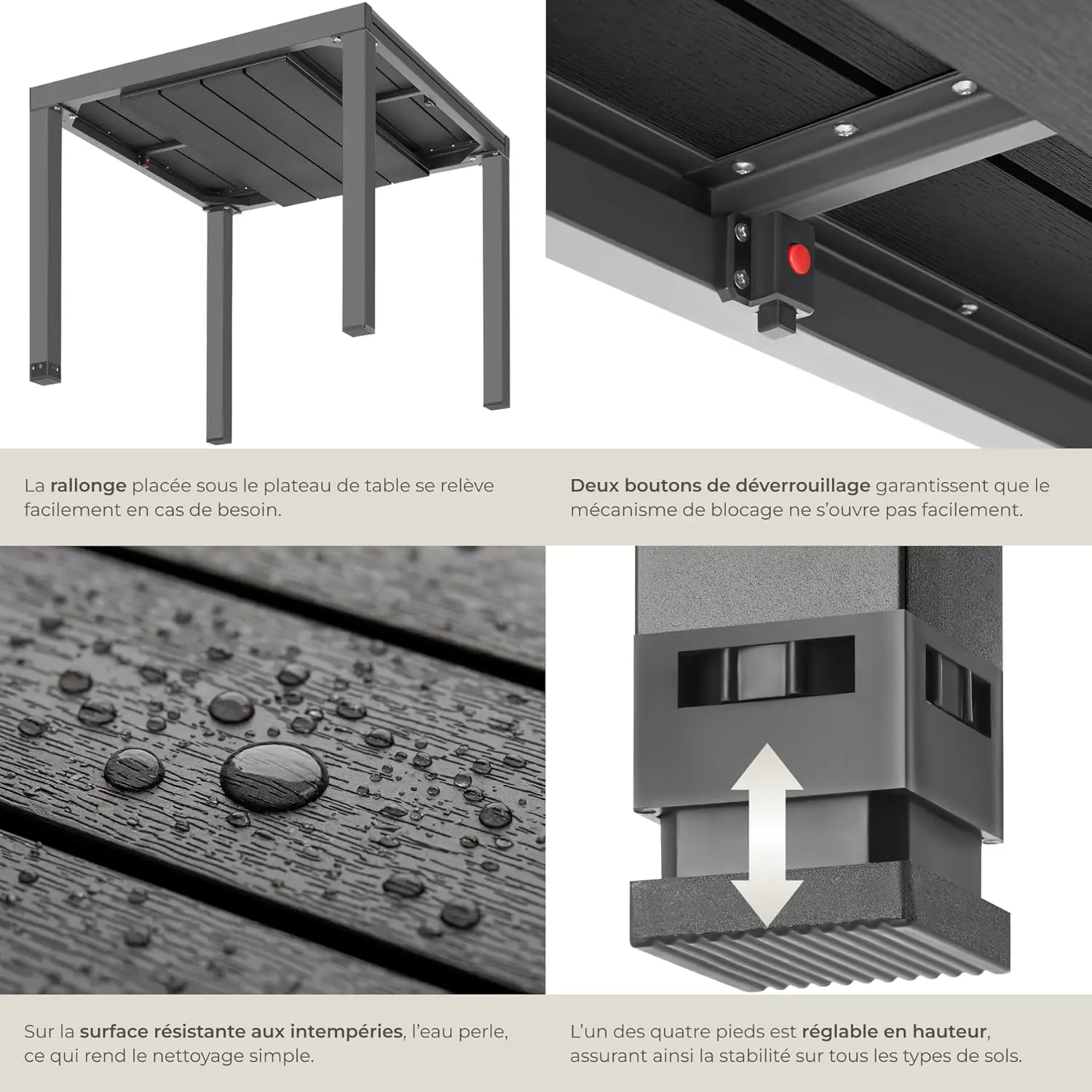Table de jardin 6 places en aluminium noir 80 x 74 cm vue 7
