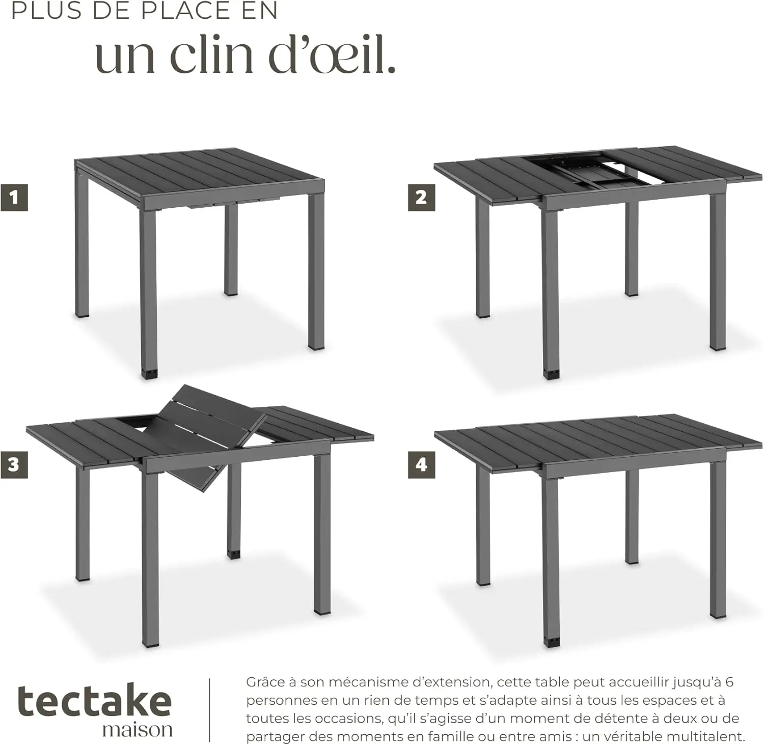 Table de jardin 6 places en aluminium noir 80 x 74 cm vue 9