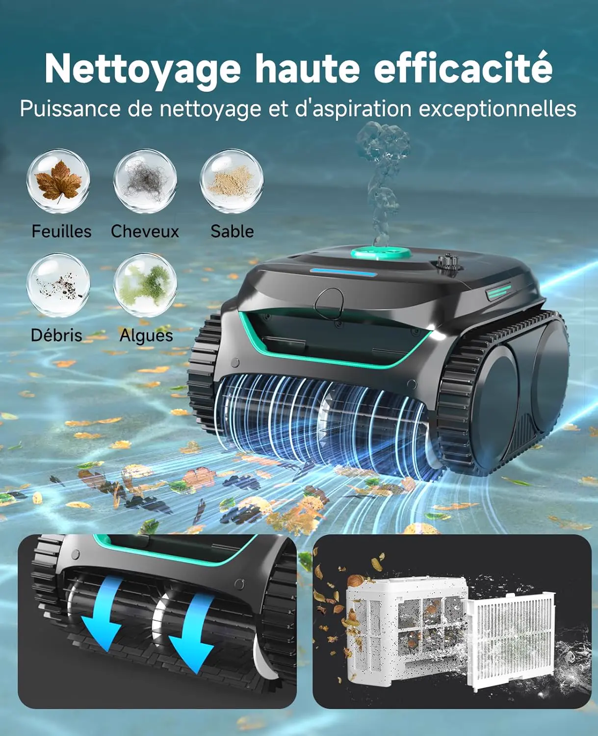 Robot piscine noir 150 m² vue 2