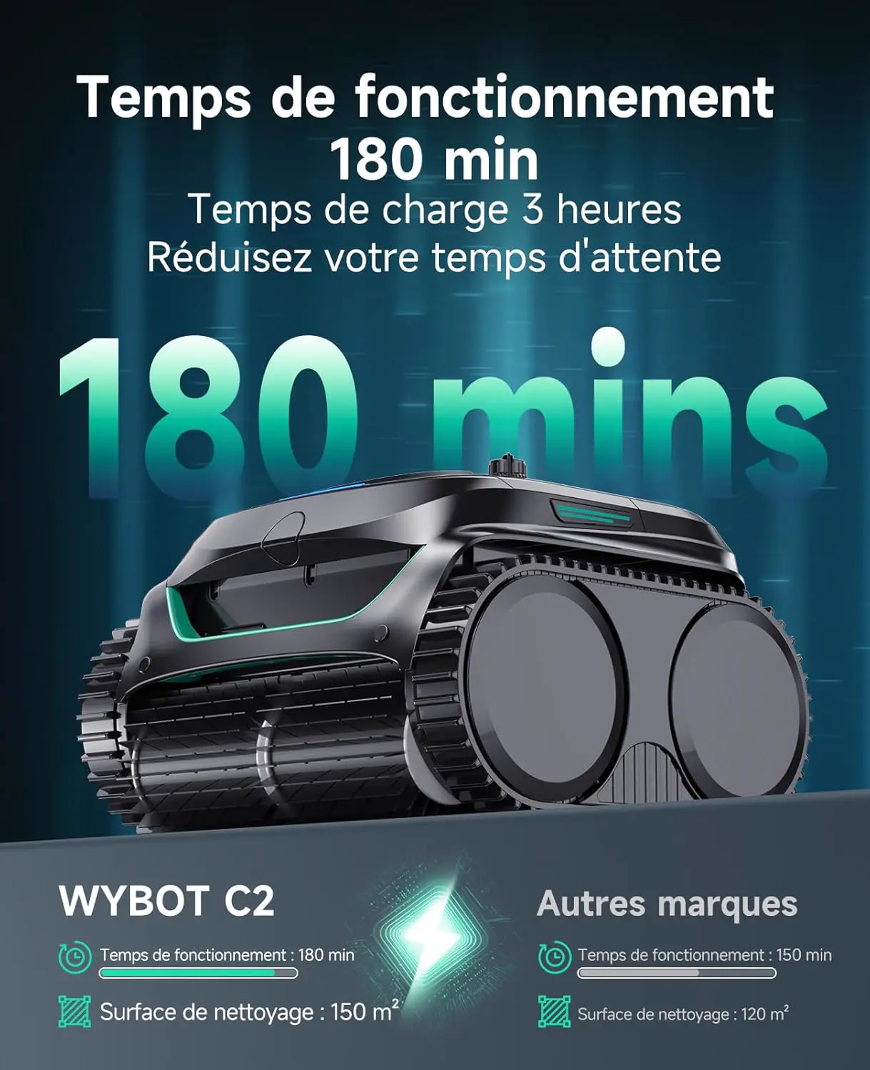 Robot piscine noir 150 m² vue 11