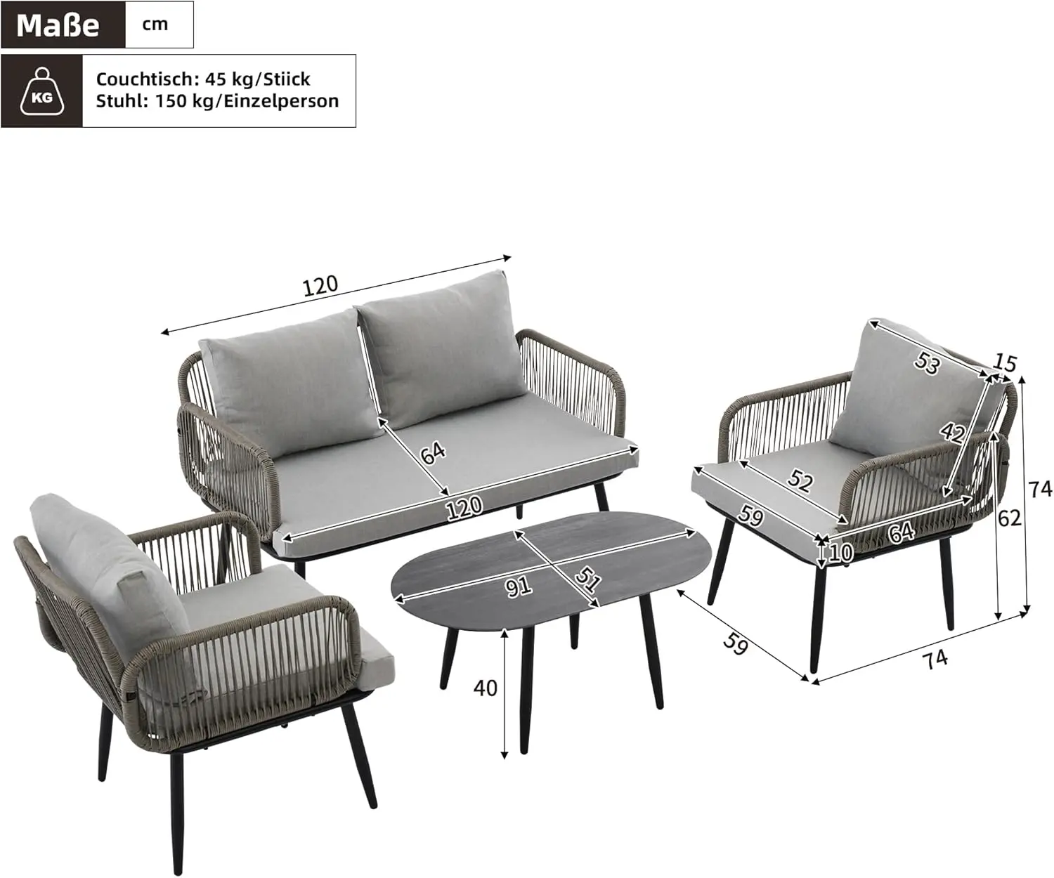 Salon de jardin 4 places gris 59 x 74 vue 2
