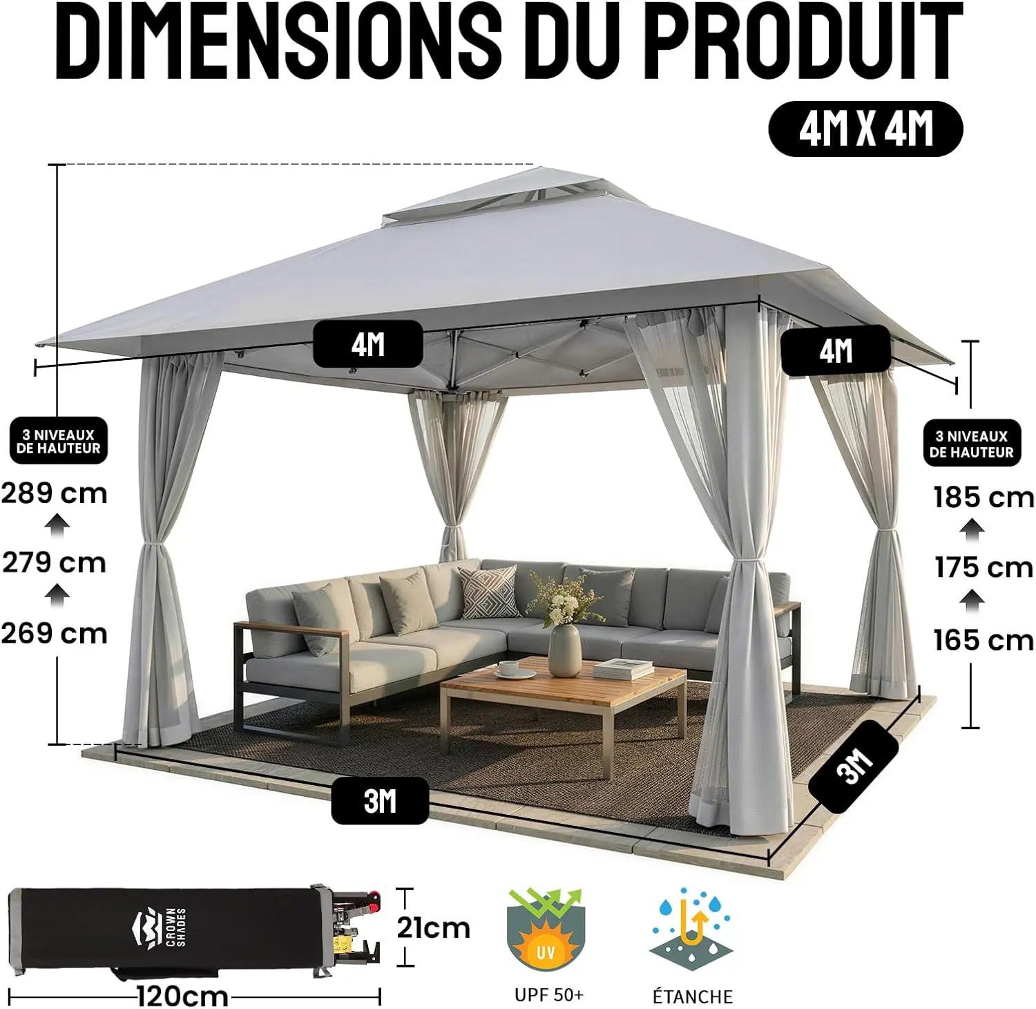 Tonnelle en acier gris 4 x 4 m vue 2