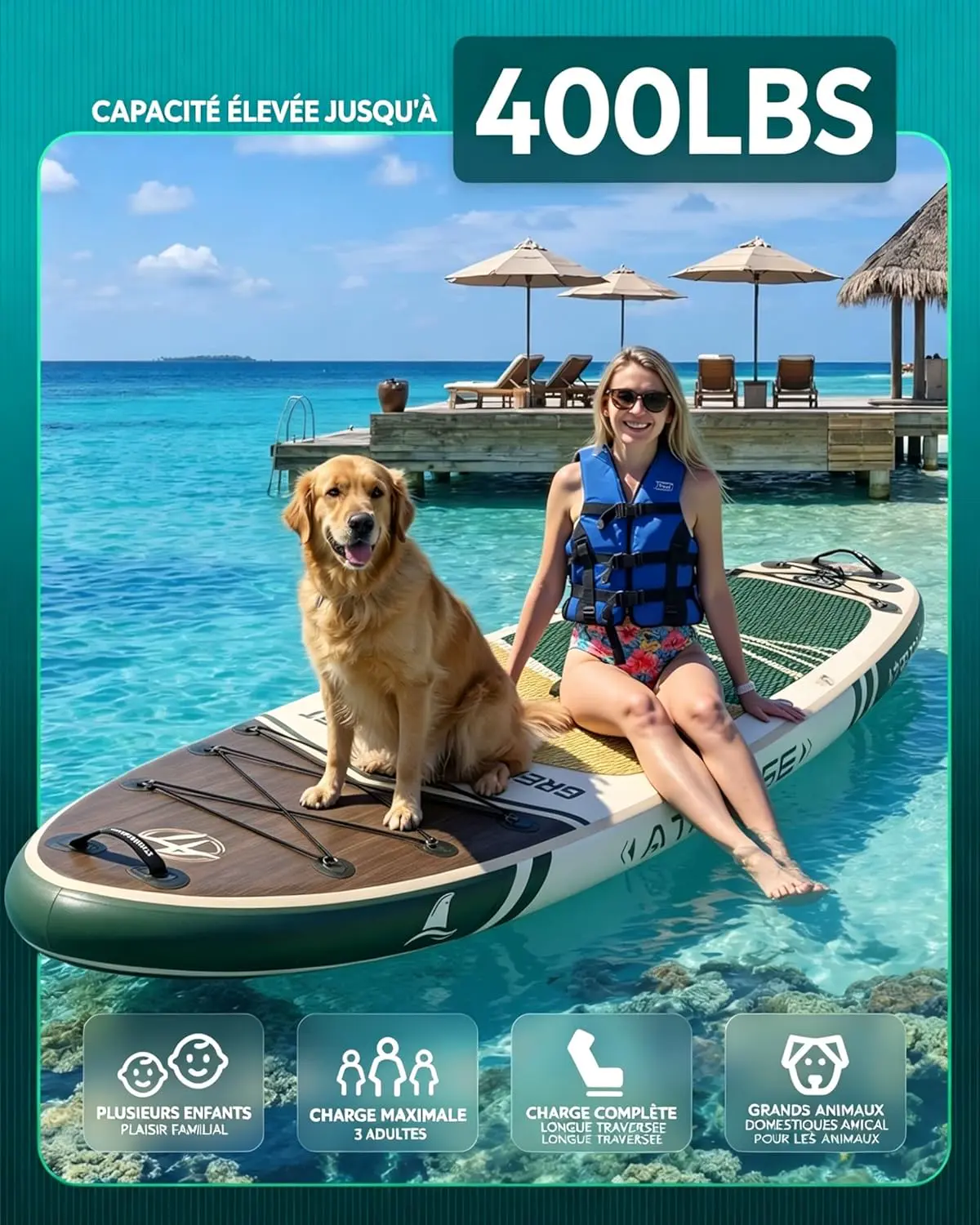 Paddle gonflable en bois vert vue 2