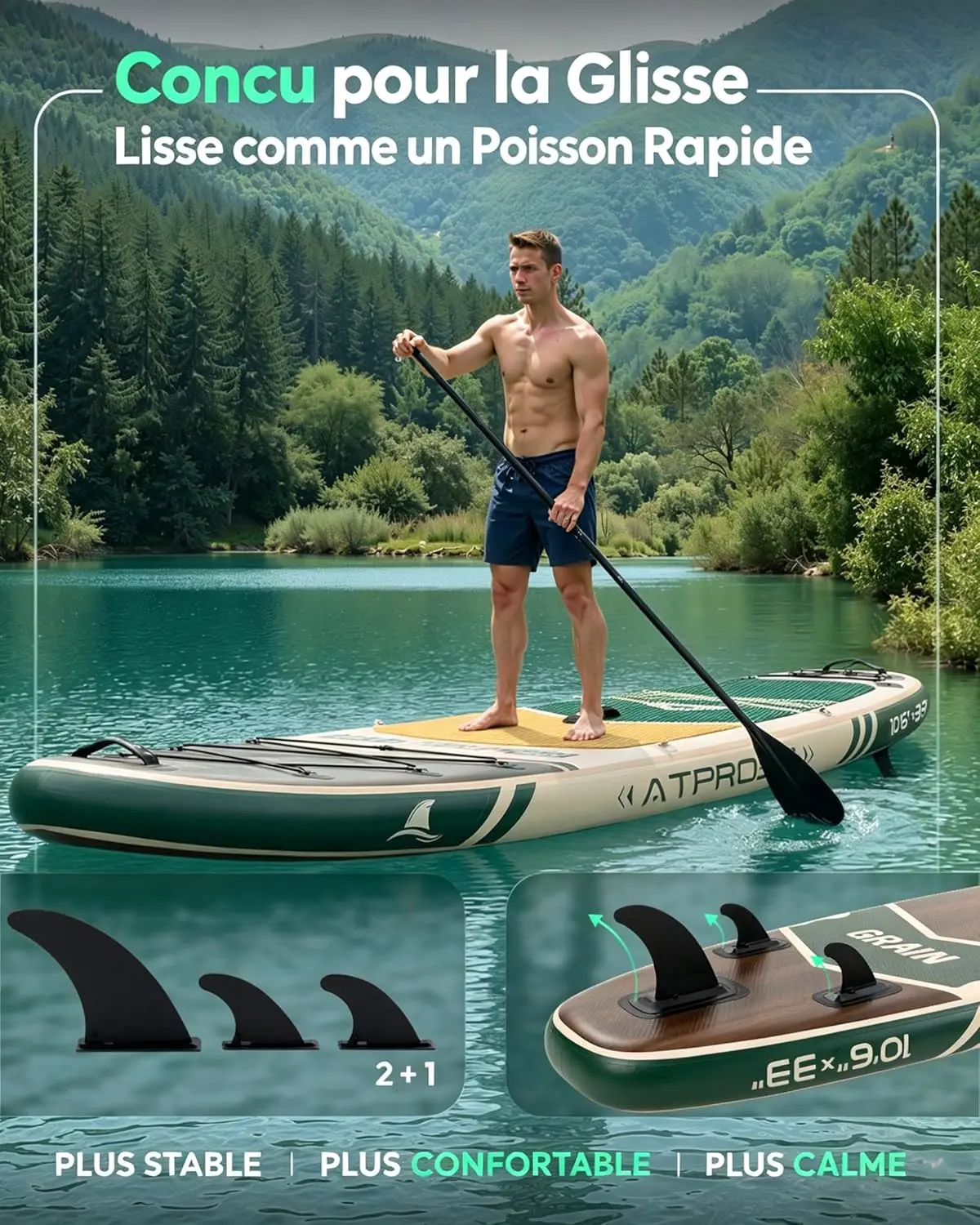 Paddle gonflable en bois vert vue 4