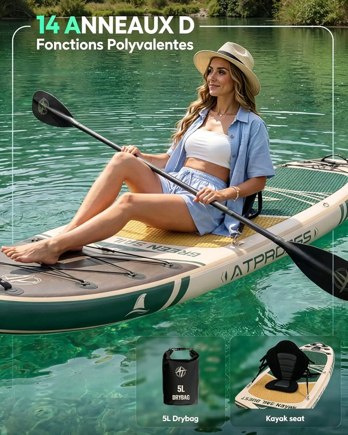 Paddle gonflable en bois vert vue 8