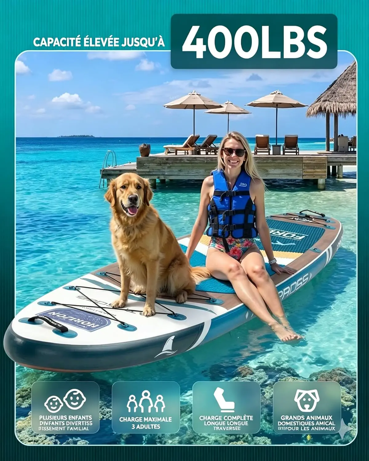 Paddle gonflable en bois bleu vue 2
