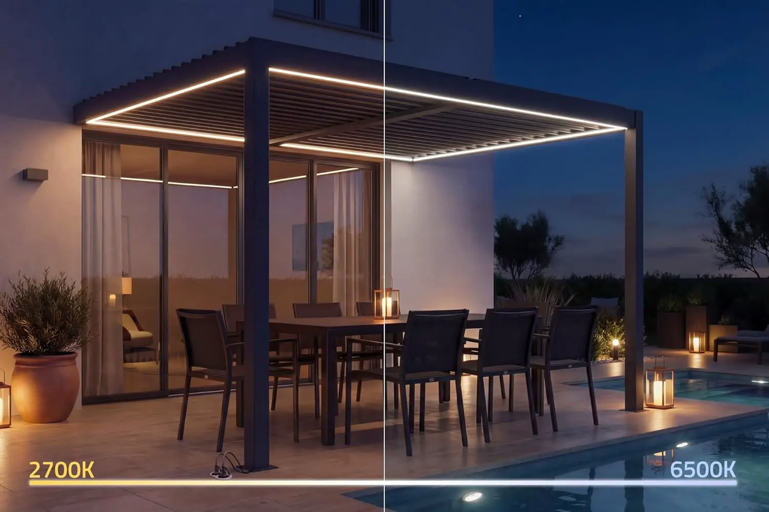 Pergola en aluminium gris 11,8 m² adossée motorisée vue 3