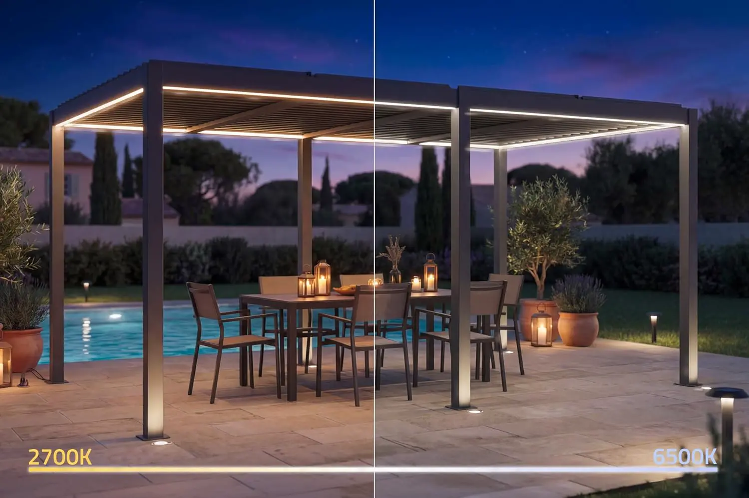 Pergola en aluminium gris 5x3m autoportée motorisée vue 3