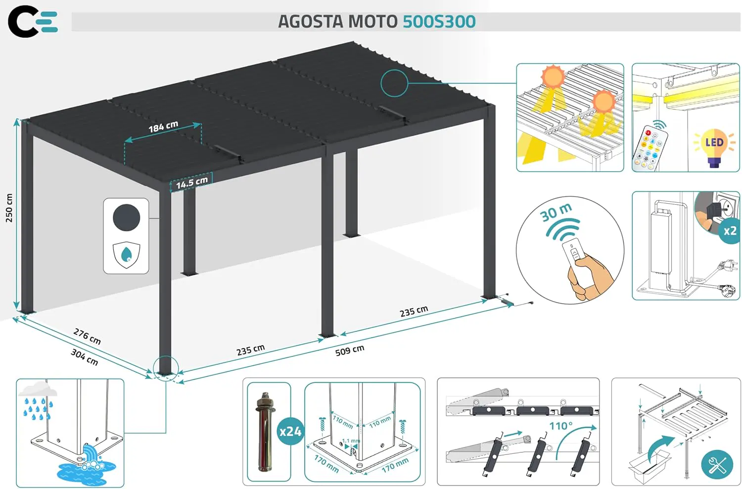 Pergola en aluminium gris 5x3m autoportée motorisée vue 5