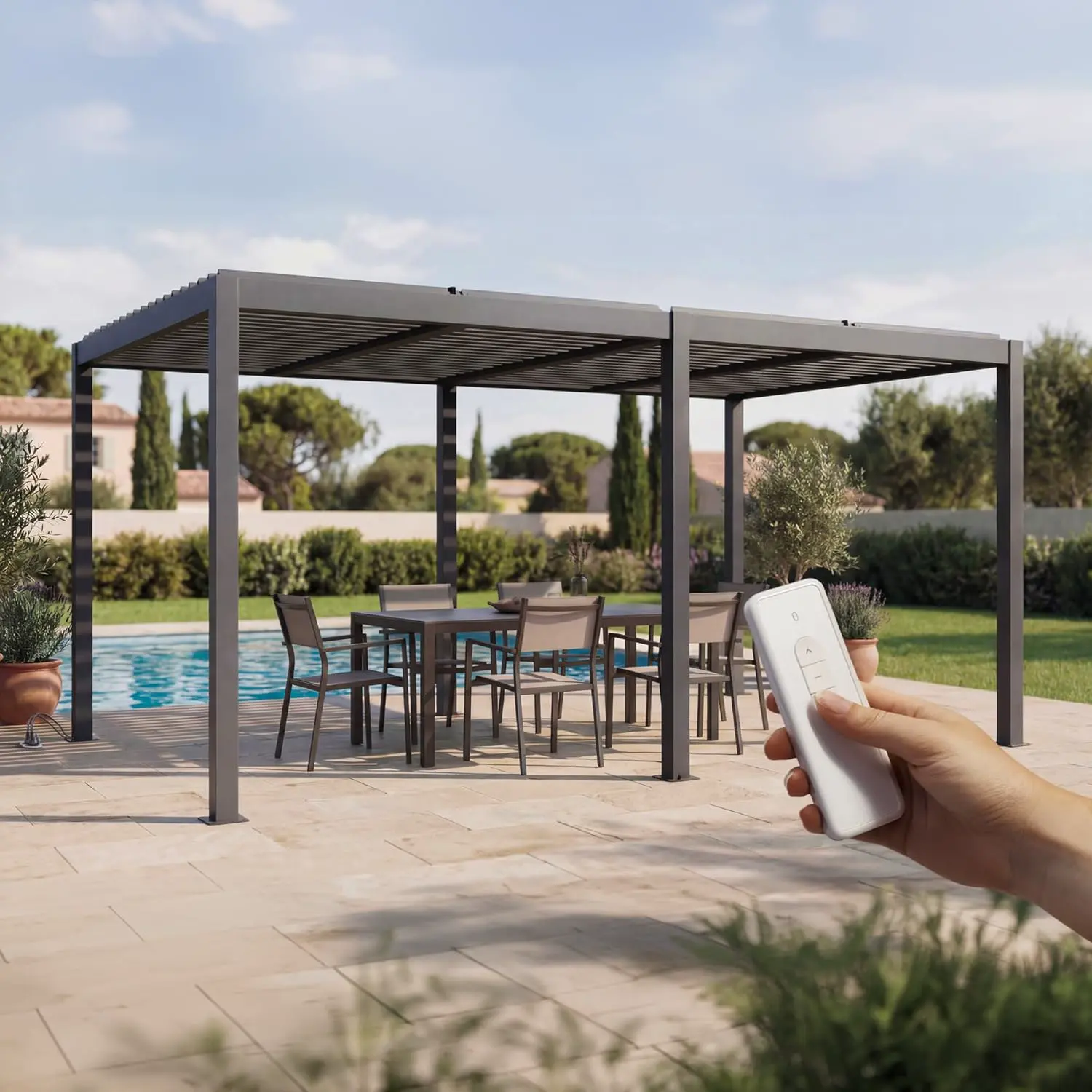 Pergola en aluminium gris 5x3m autoportée motorisée vue 9