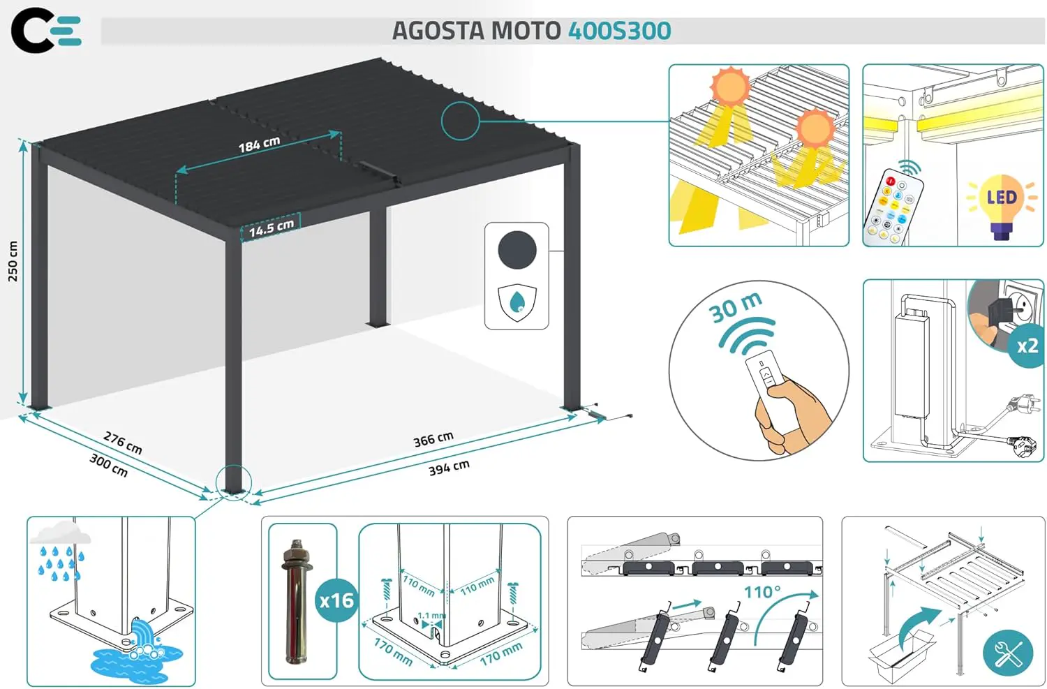 Pergola en aluminium gris 4x3m autoportée motorisée vue 5
