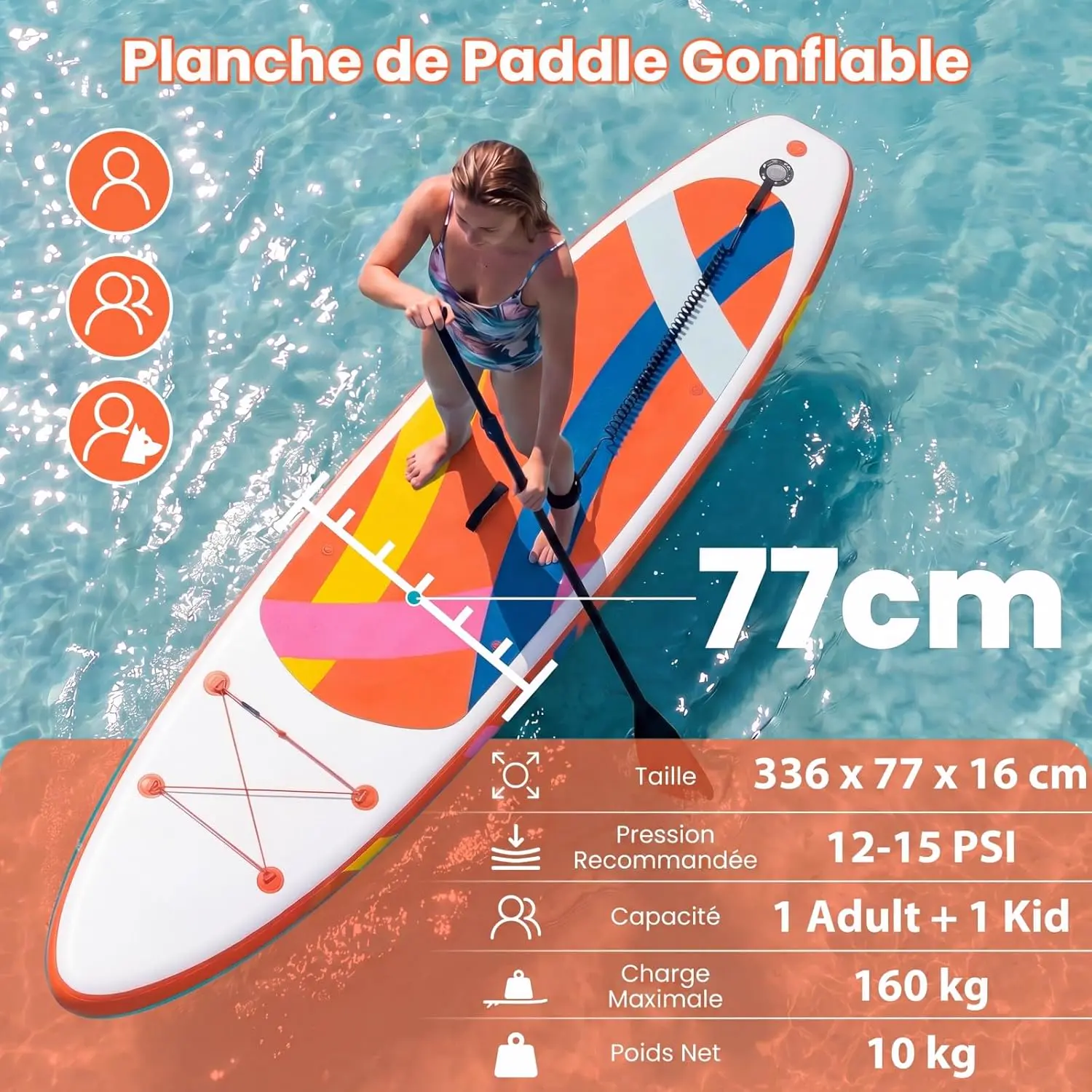 Paddle gonflable en aluminium bleu 77 x 16 cm vue 3