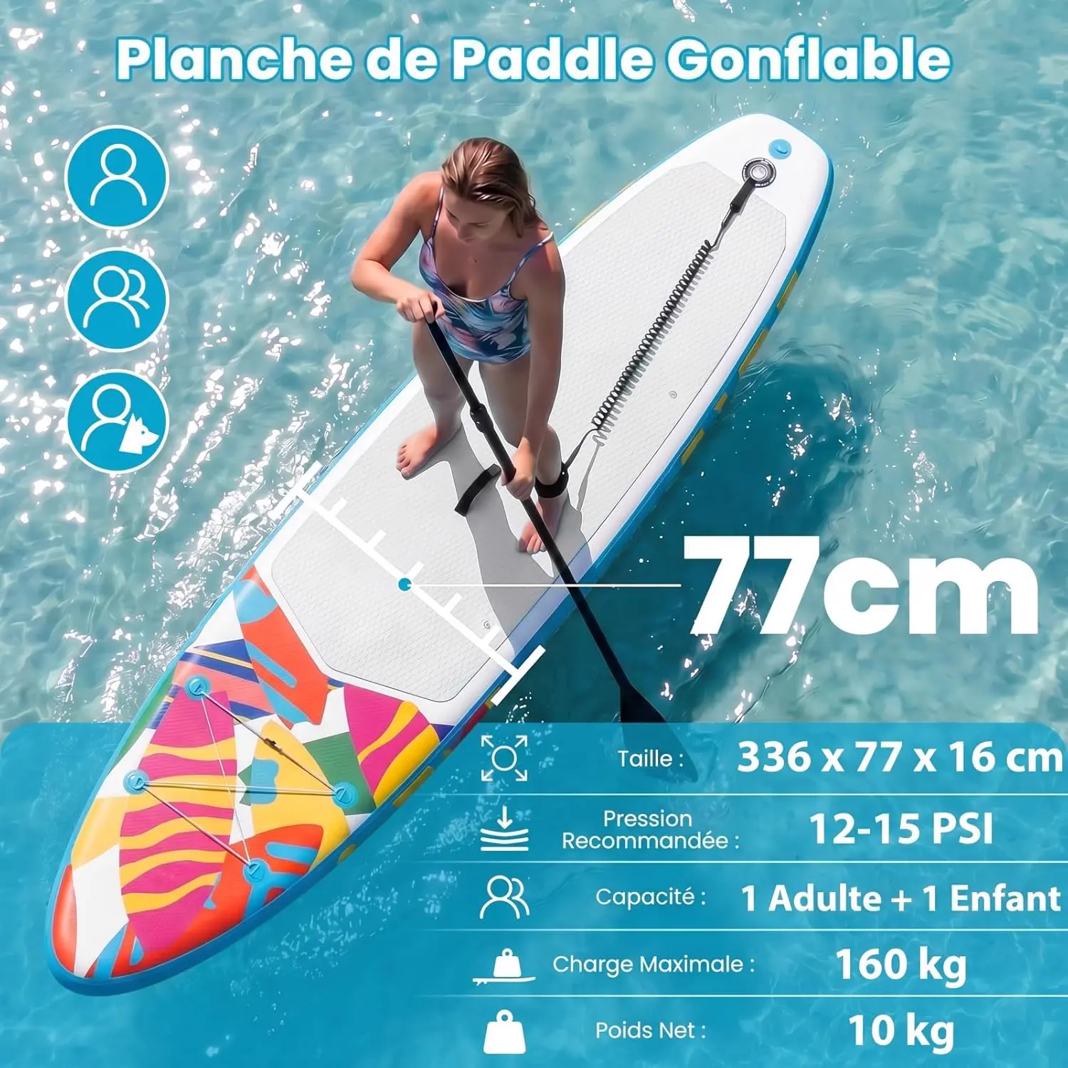 Paddle gonflable en aluminium bleu 77 x 16 cm vue 3