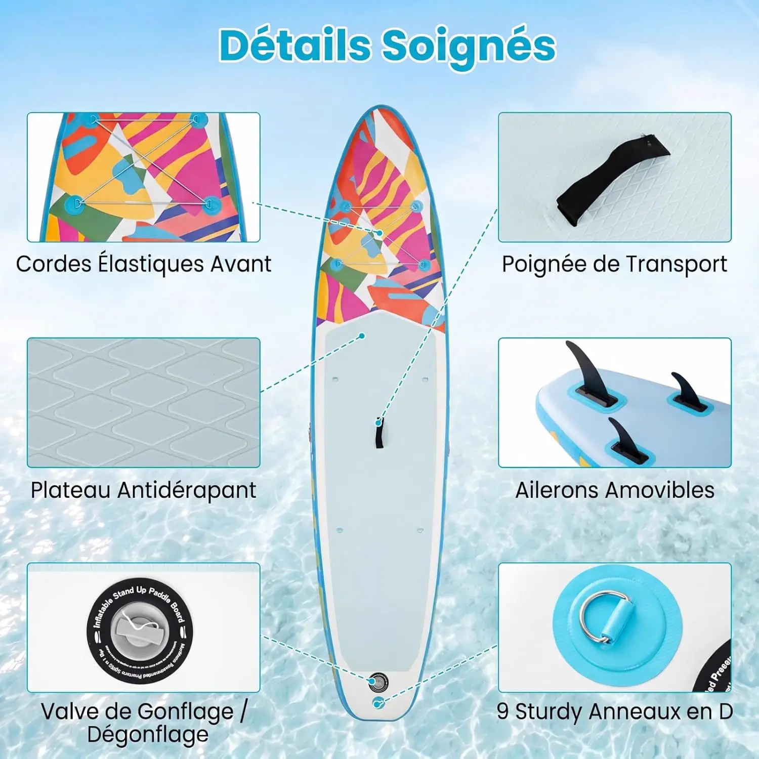 Paddle gonflable en aluminium bleu 77 x 16 cm vue 10