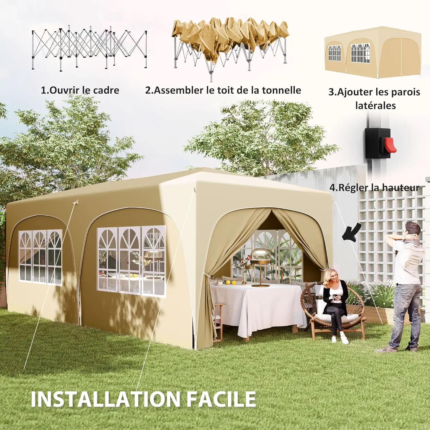 Tonnelle en métal sable 3 x 6 m vue 3