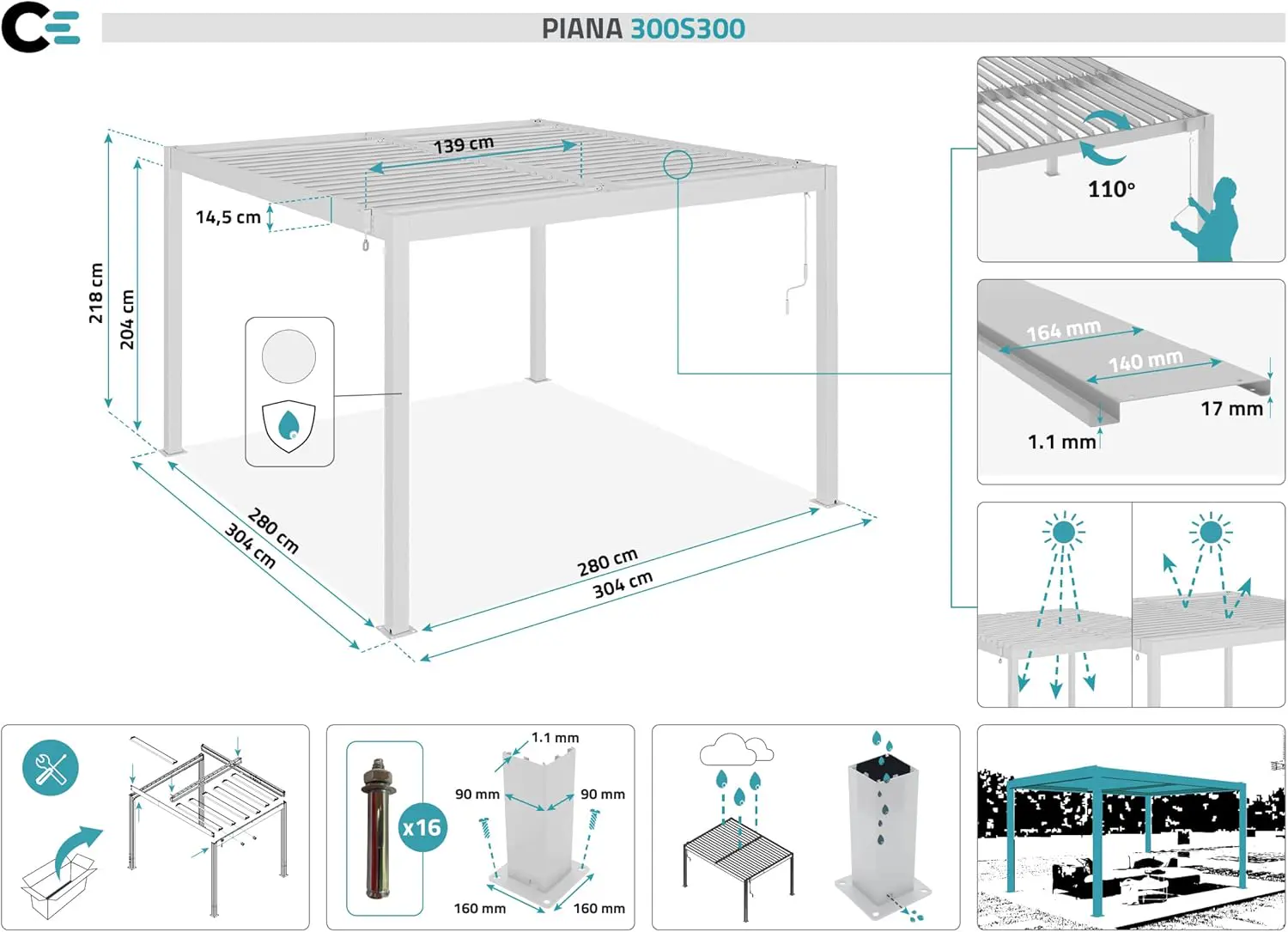 Pergola en aluminium blanc 9 m² autoportée vue 3