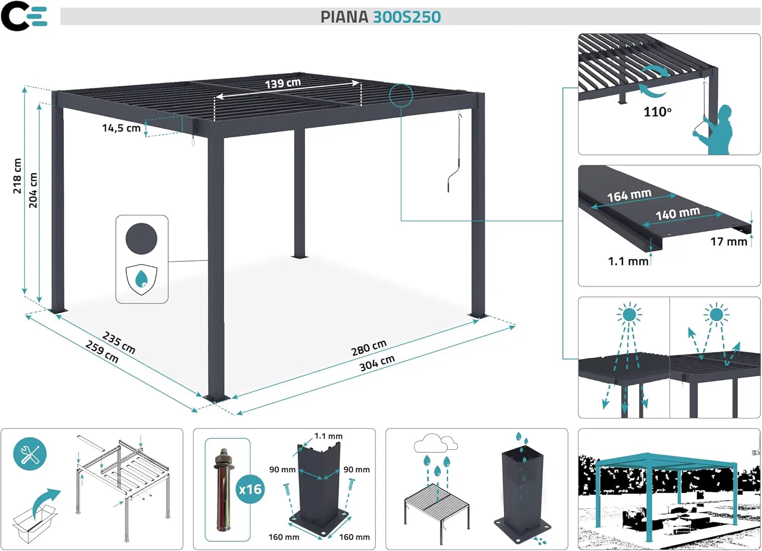 Pergola en acier gris 7,9 m² autoportée vue 2