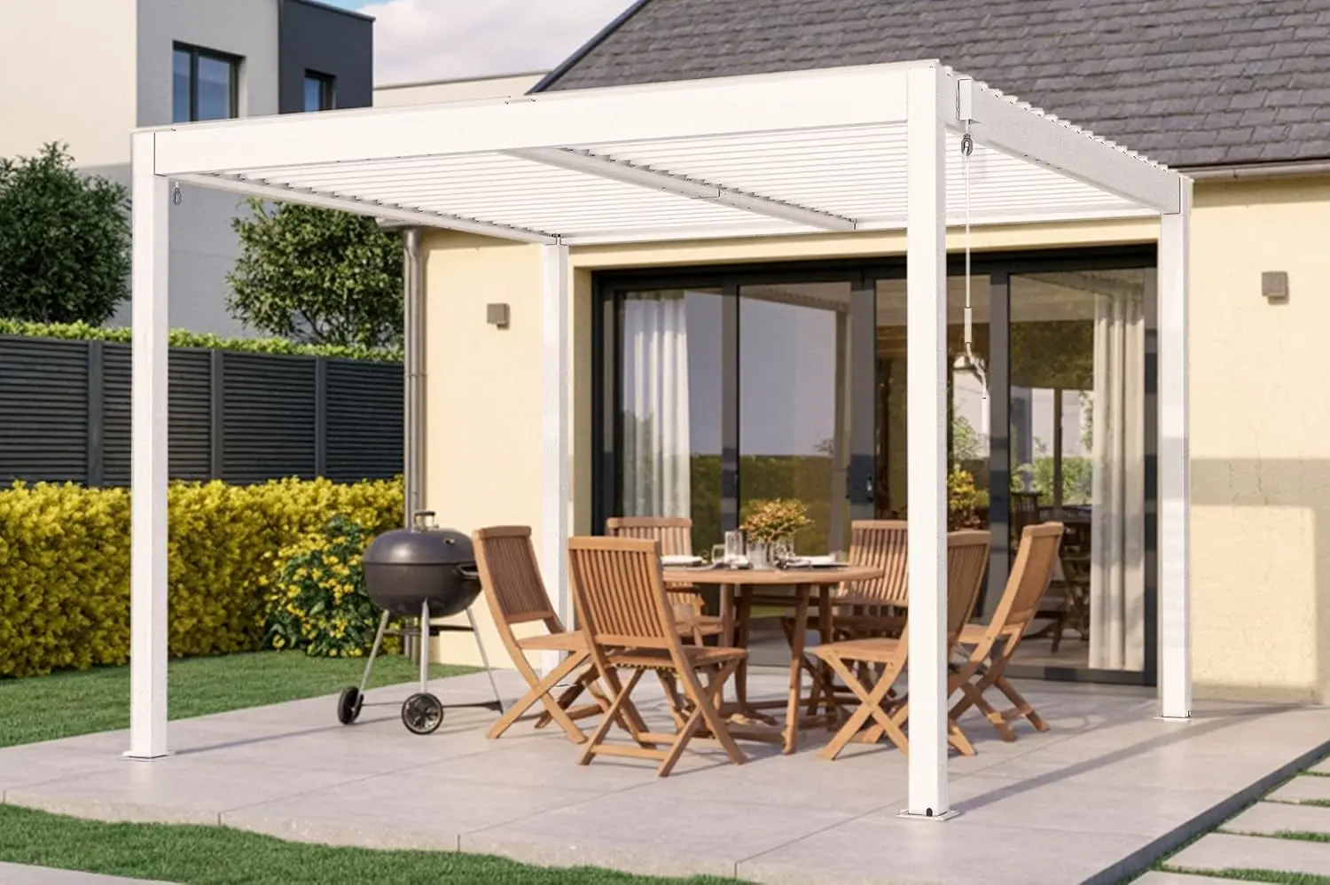 Cazeboo Pergola bioclimatique autoportée 3x3m Piana Aluminium Blanc avec 1 persienne Brise-Vue