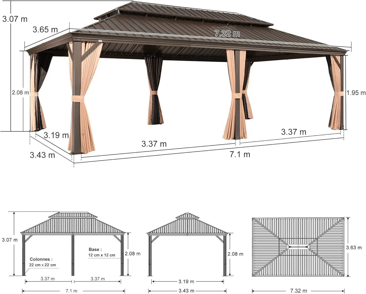 Pergola en aluminium gris 7,32 x 3,65 m vue 3