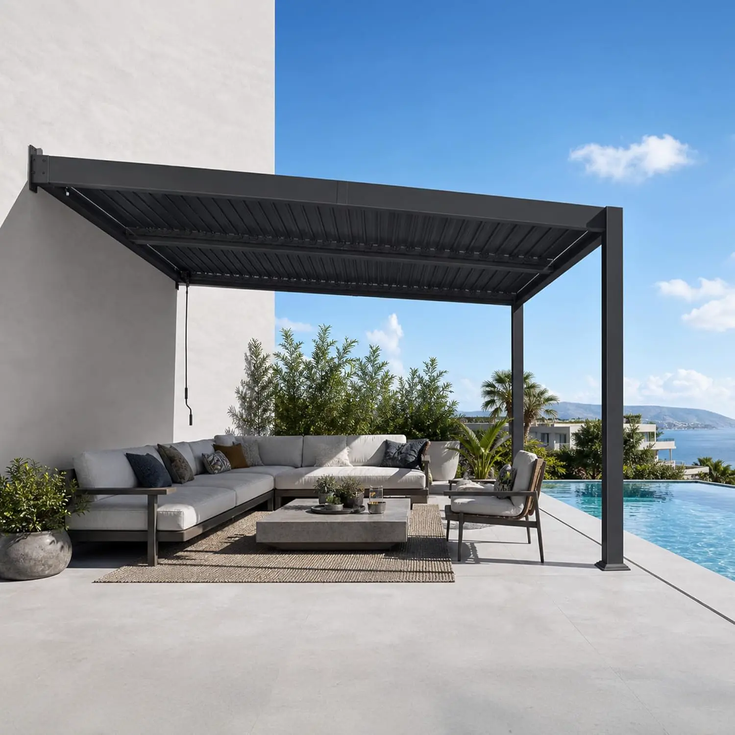 Pergola en aluminium gris 24 m² adossée vue 2