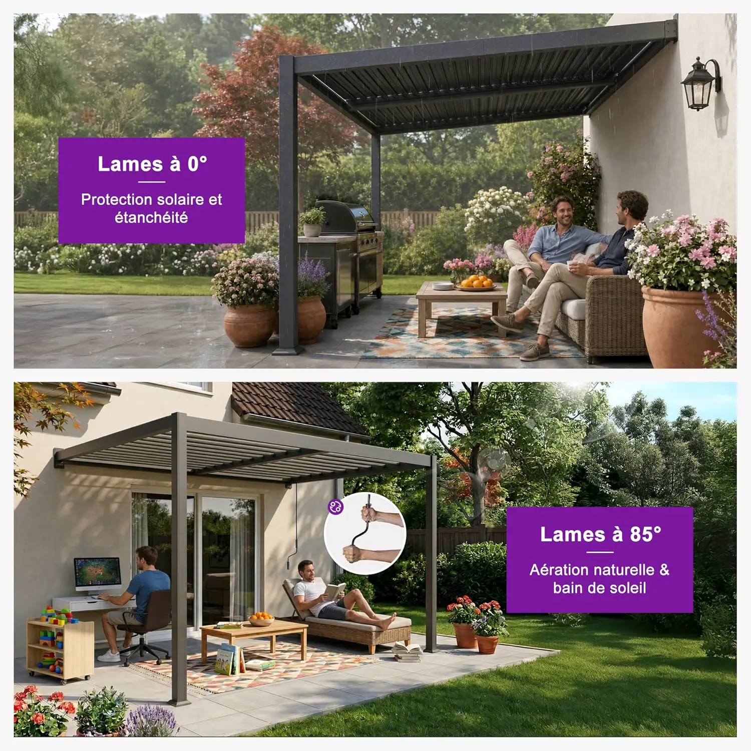 Pergola en aluminium gris 24 m² adossée vue 3