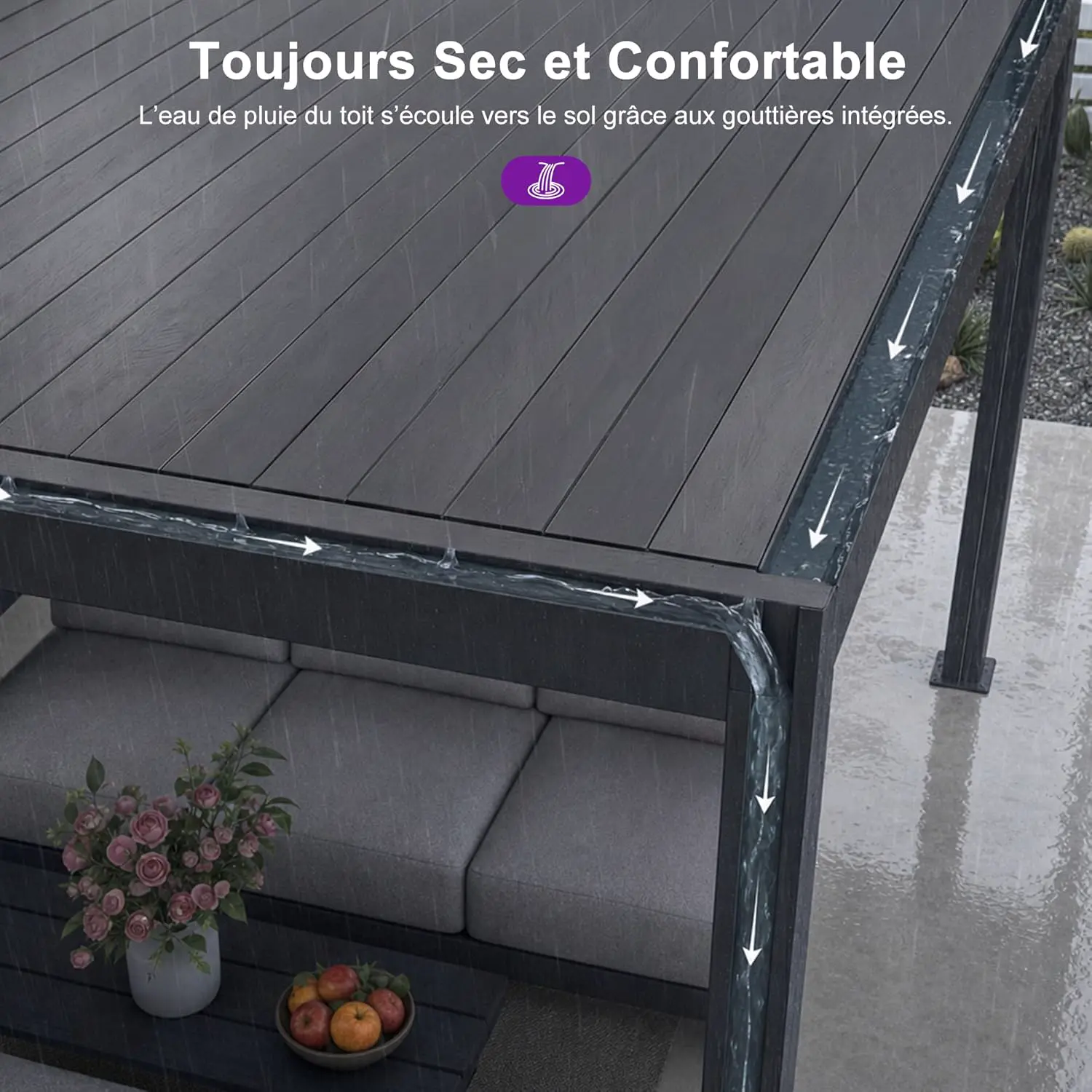 Pergola en aluminium gris 24 m² adossée vue 2