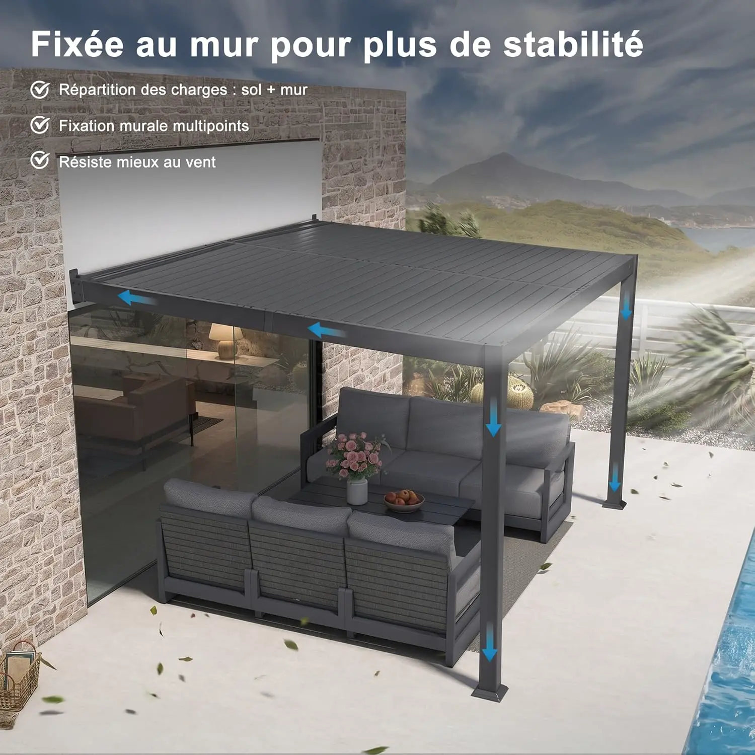 Pergola en aluminium gris 24 m² adossée vue 4