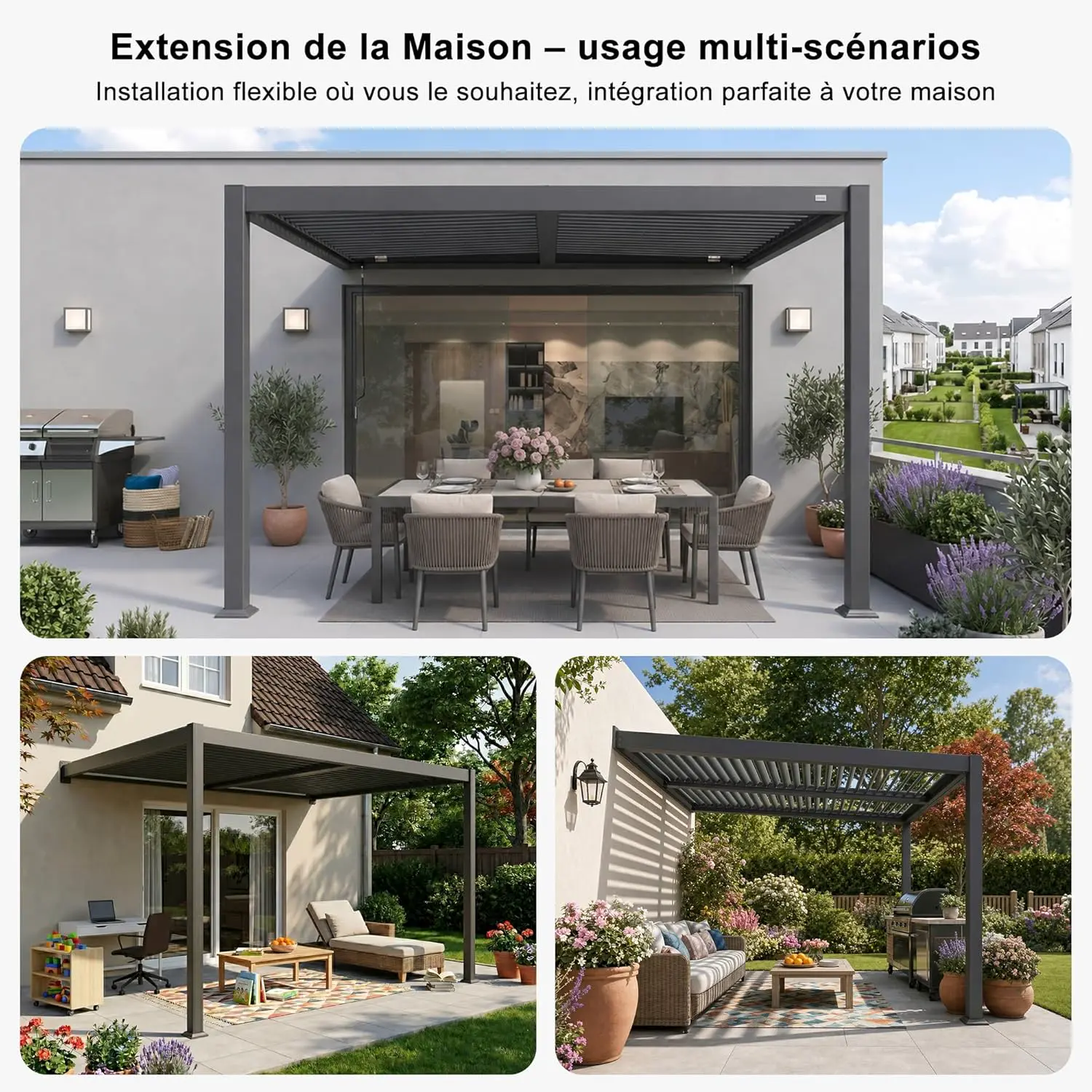 Pergola en aluminium gris 24 m² adossée vue 7