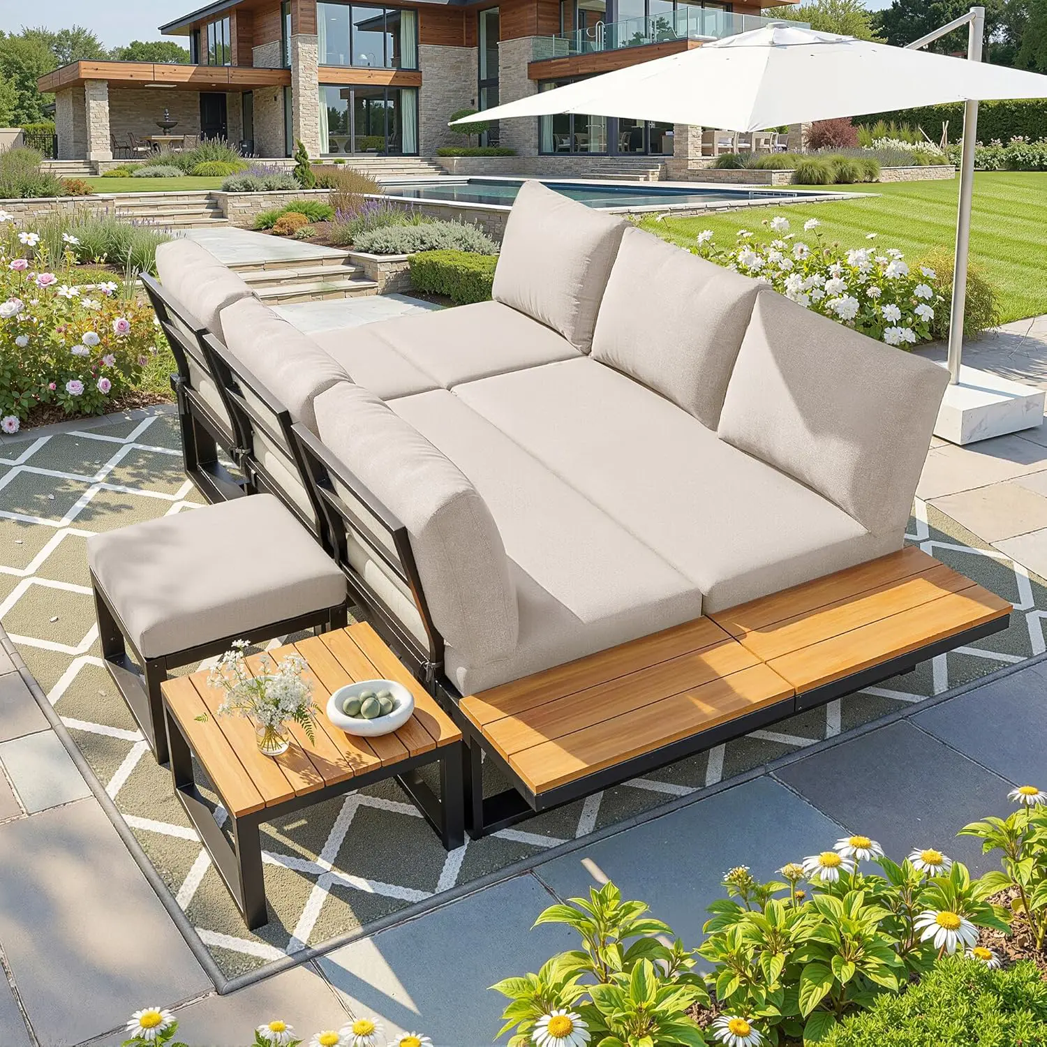 Salon de jardin 7 places en bois beige 57 x 40 cm vue 3