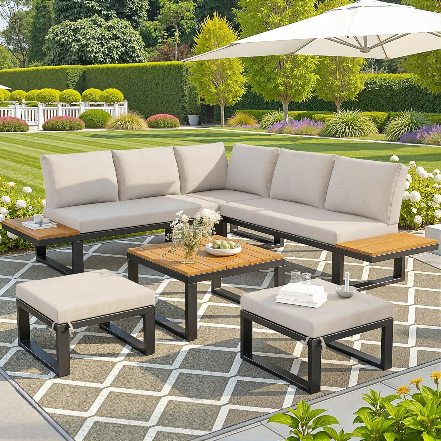 Salon de jardin 7 places en bois beige 57 x 40 cm vue 4